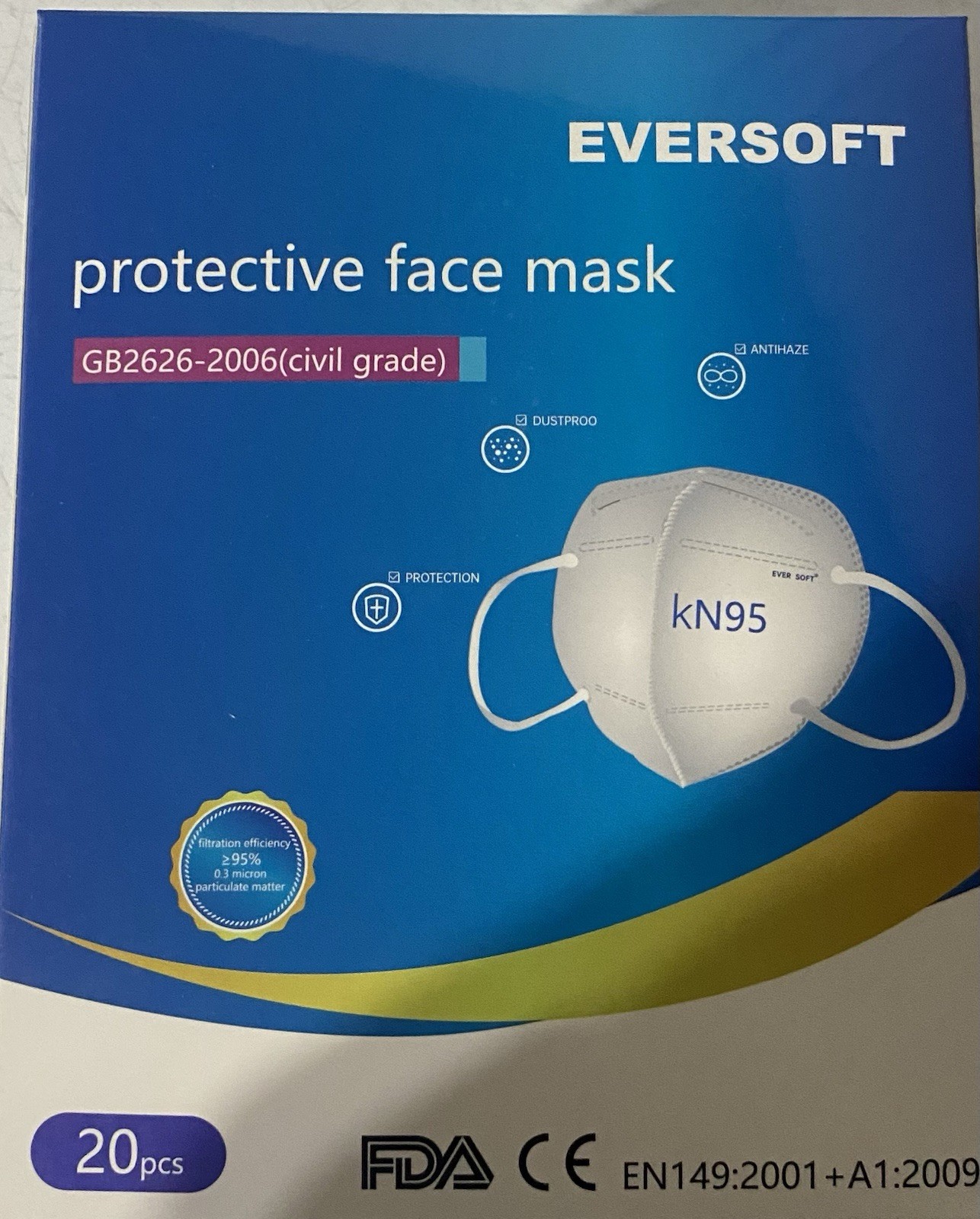 Eversoft KN95 Face Mask 20pcs GB2626-2006 Family Medicine Dental Cosmetology