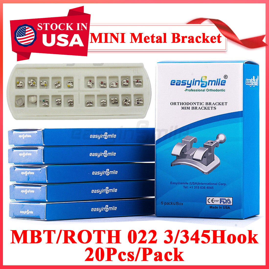 5pack Dental metal brackets roth/MBT orthodontic Mini braces slot.022 hook on345