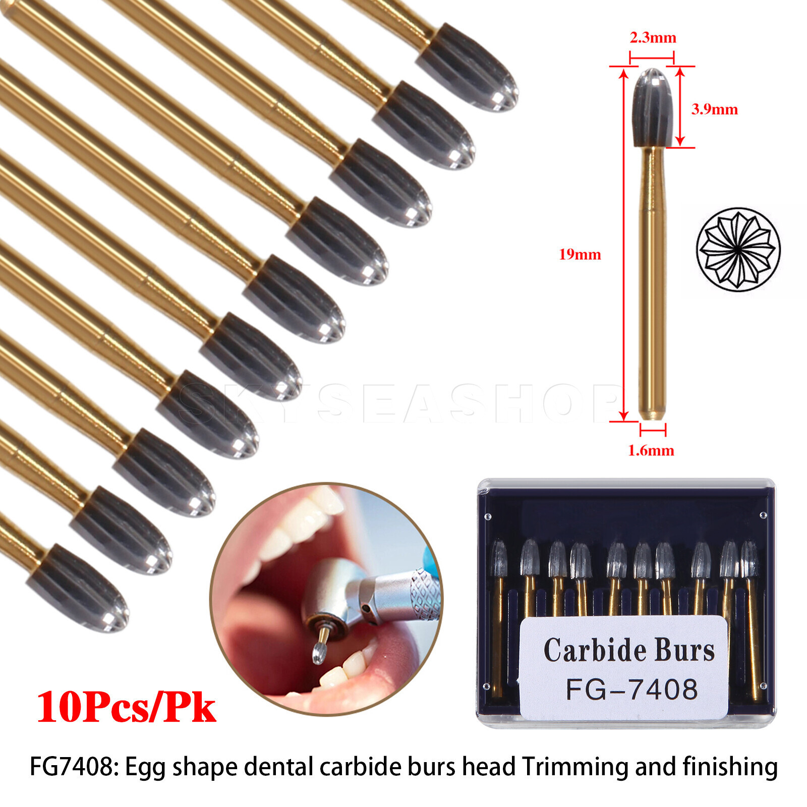 10/20Pcs Dental Tungsten Carbide Bur Trimming and Finishing Egg Football FG7408