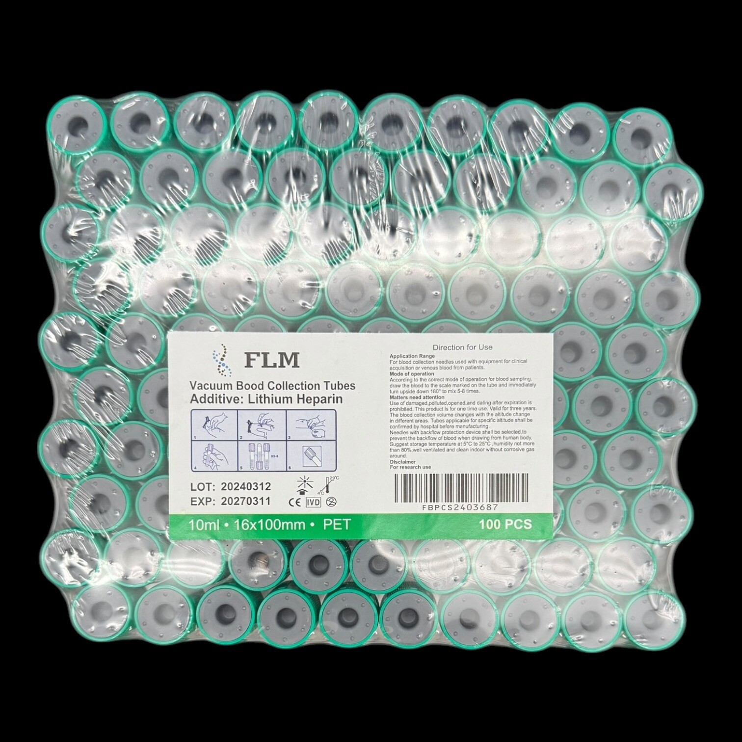 10ml Green Vacuum Blood Collection Tubes, Heparin Lithium Tube, 100/pack