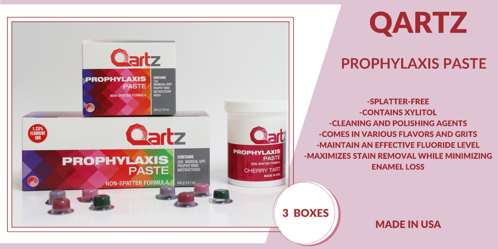 QARTZ PROPHY PASTE CUPS BUBBLE GUM MEDIUM 200/BOX DENTAL W/FLOURIDE – 3 BOXES