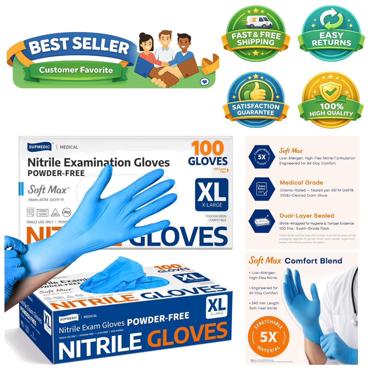 XL Blue Nitrile Examination Gloves – 100 Count, Comfortable & Safe for All Tasks