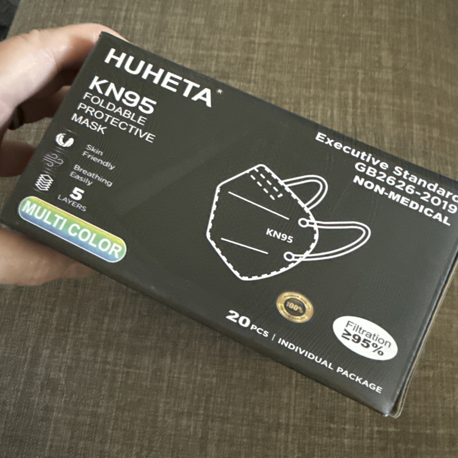 HUHETA 15 Pcs Black KN95 Protective Face Mask, 5 Layers, Foldable, Non Medical