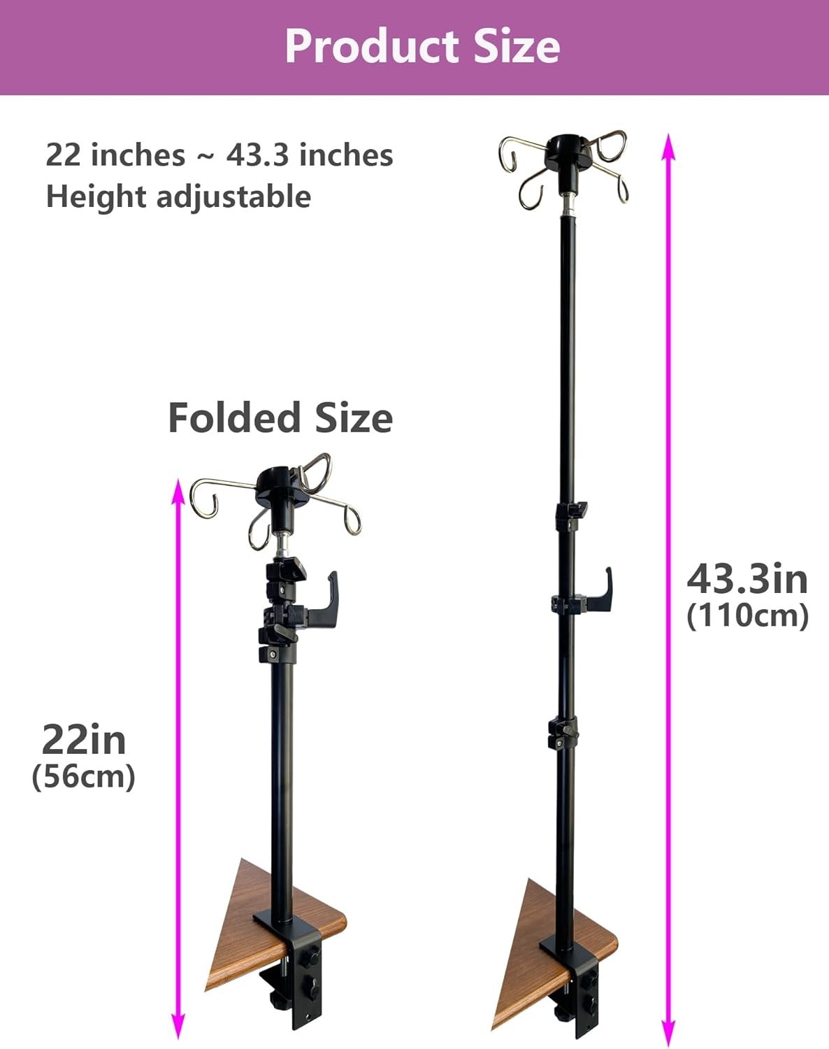 Table IV Pole, Portable Poles for Travel, Foldable Pole Black With Hook