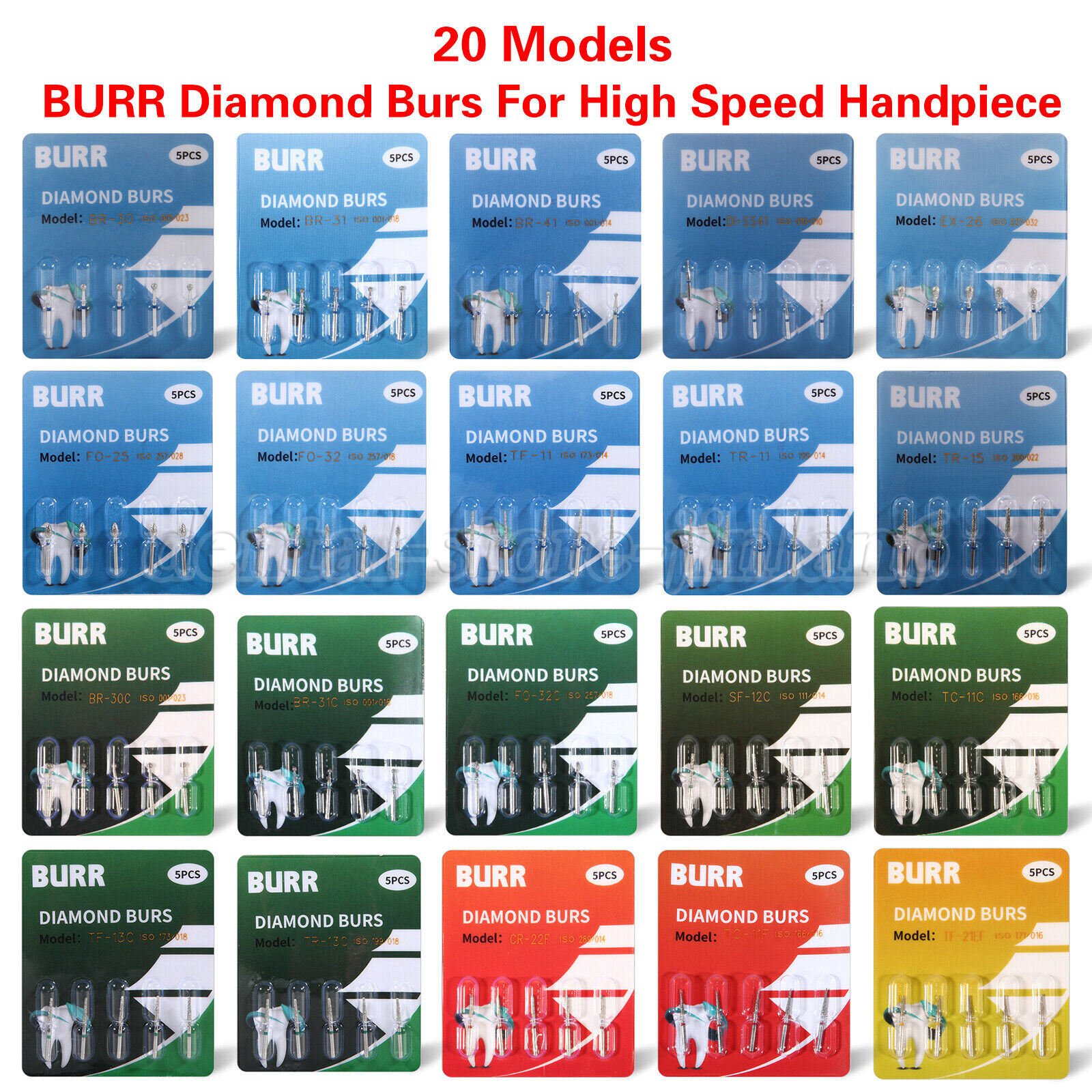 100pcs Dental Diamond Burs FG 1.6mm 20 Types for High Speed Handpiece Tubine