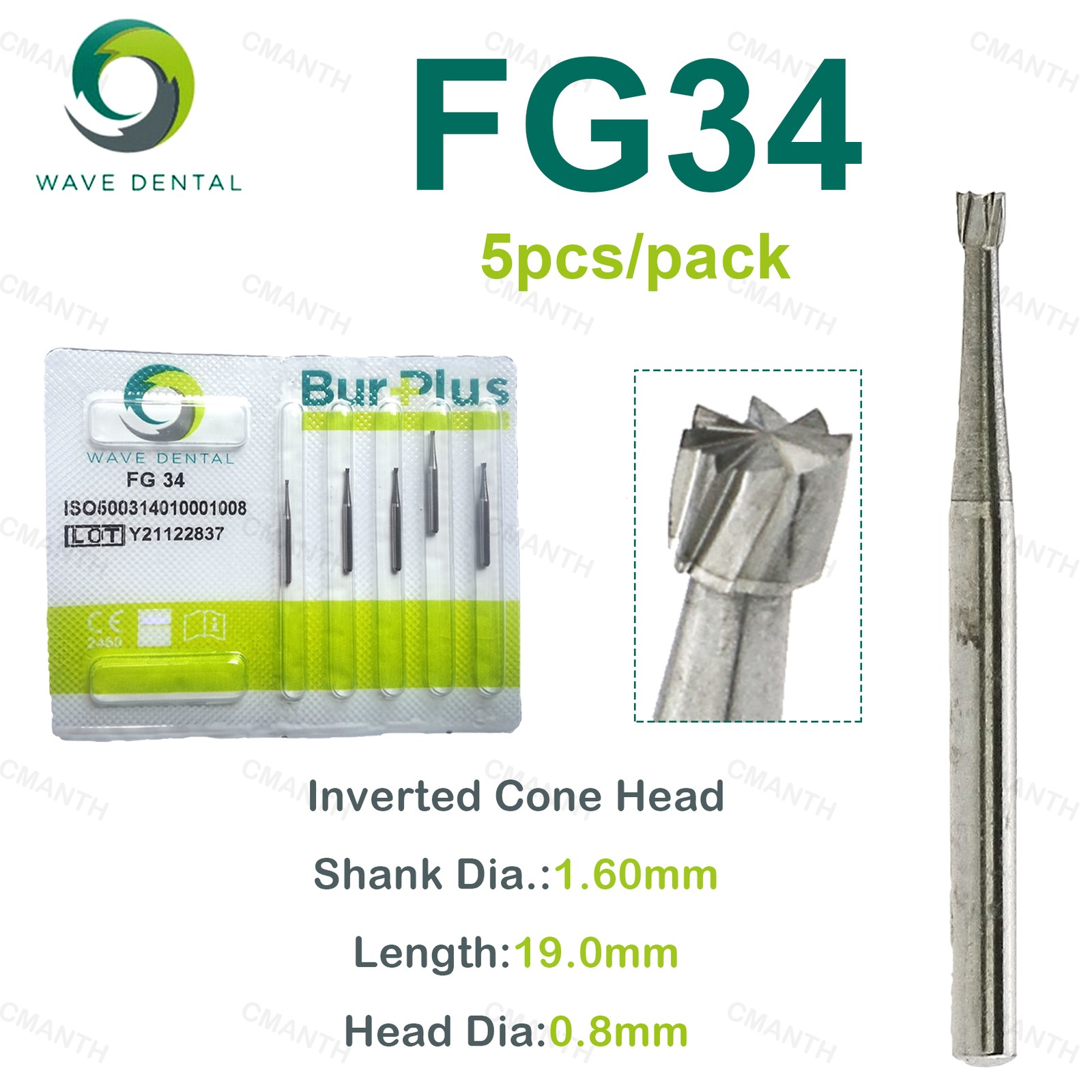 WAVE Dental Drill Bur Inverted Cone Head Tungsten Carbide Dia1.6mm FG High Speed