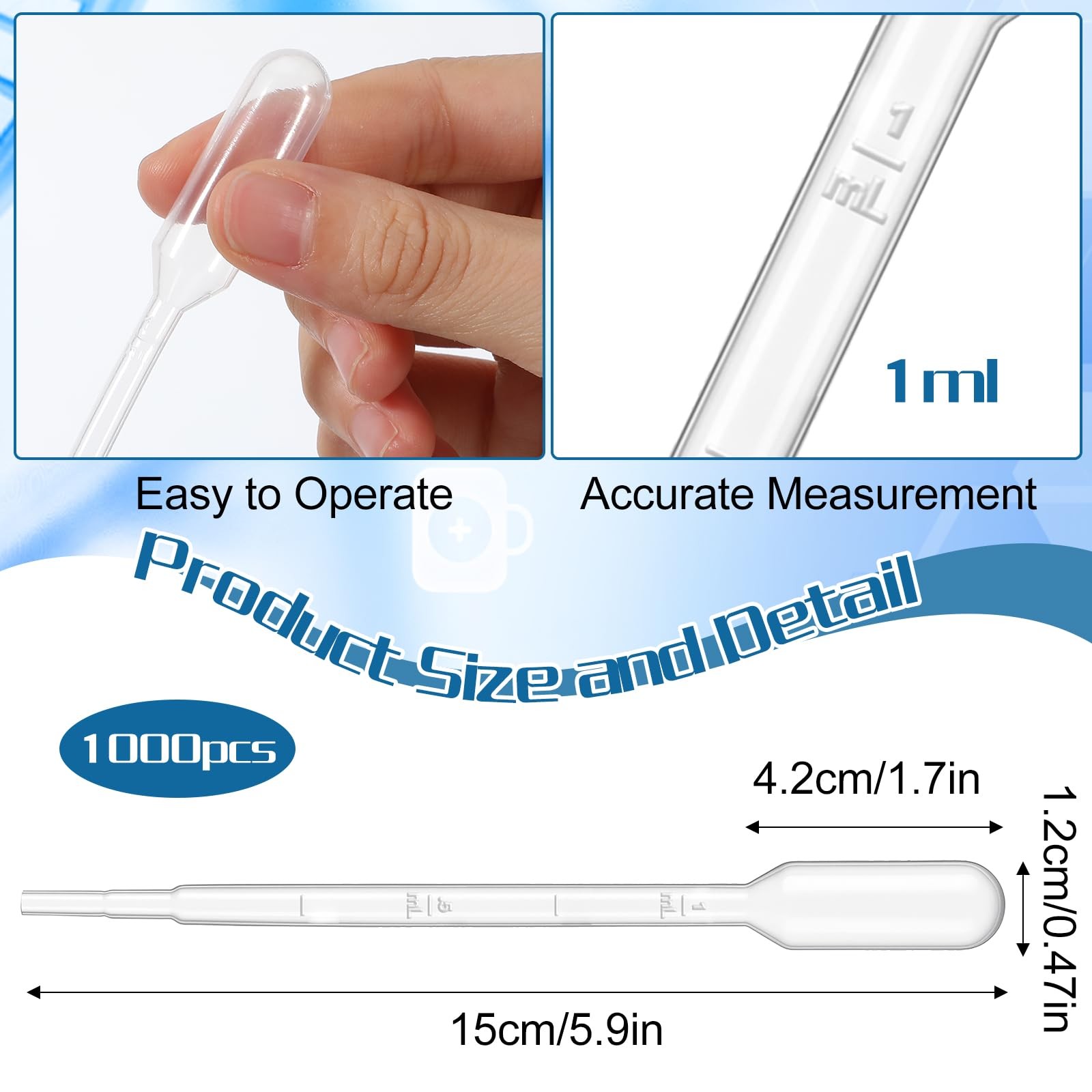 1000 Pcs 1ML Premium Disposable Plastic Transfer Pipettes, Clear Graduated Ey…