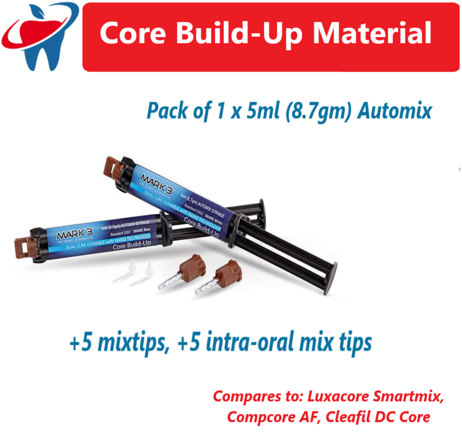 Dental Core Build-Up Material Dual Cure Automix Syr 1-2/pk Shade: A3, White Blue