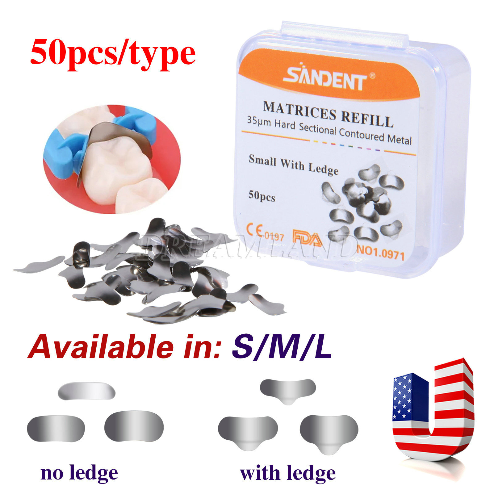 50Pcs Dental Matrices Bands Sectional Contoured Metal Matrix bands S/M/L