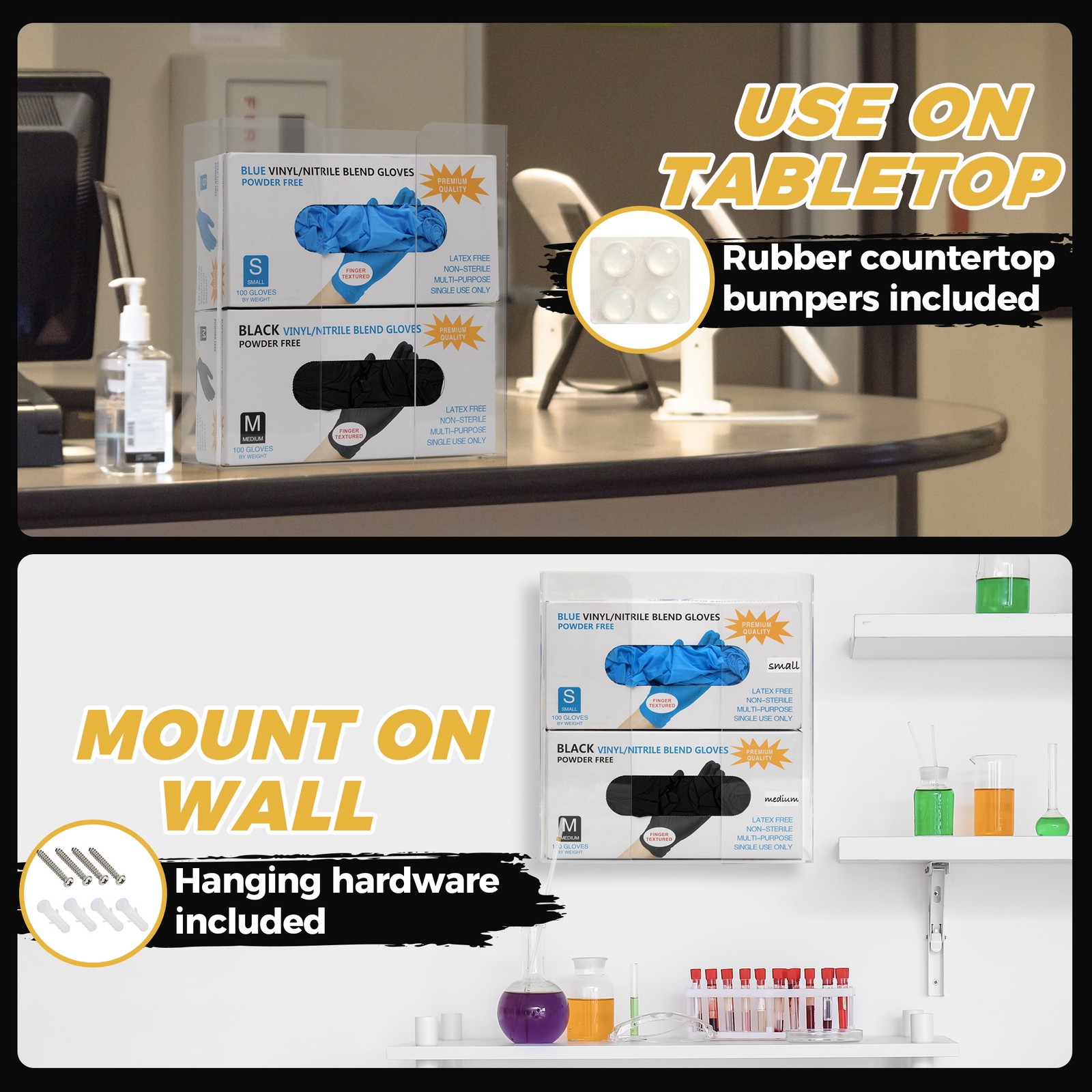 Double Glove Box Holder Dispenser – Wall Mount or Countertop Load Open Top Clear