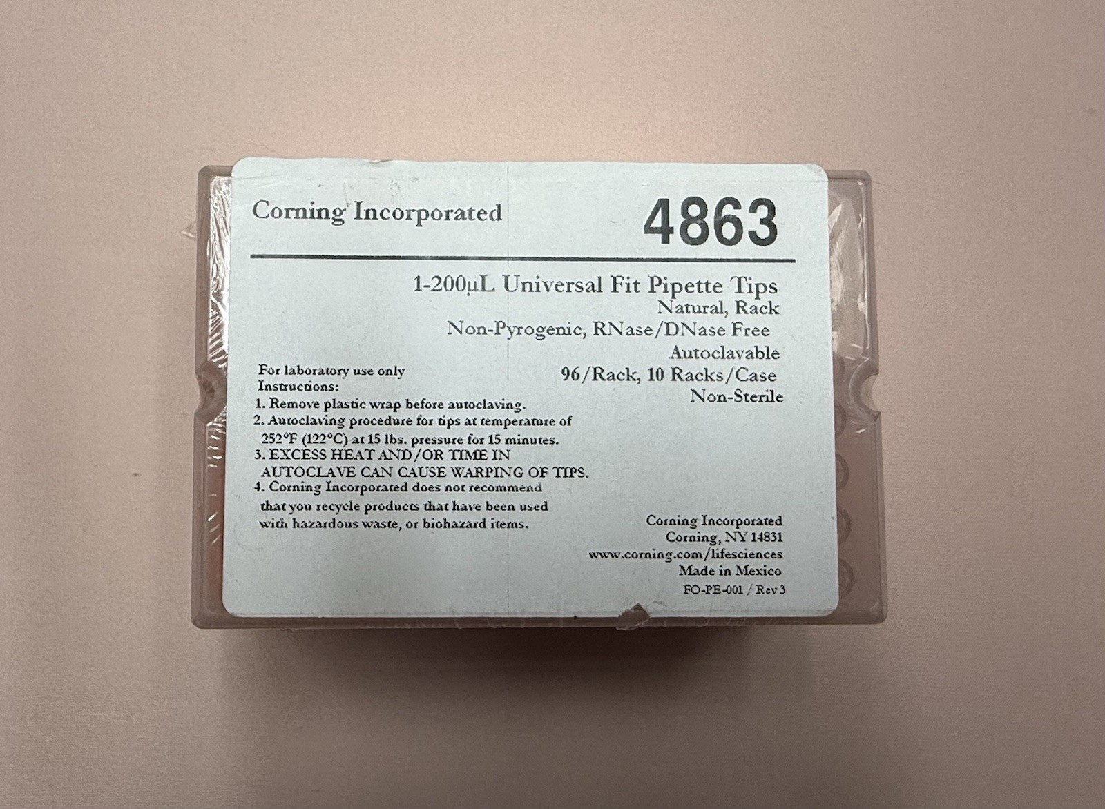Corning 4863 Universal Pipette Tips 1-200µL 96/Rack RNase DNase Free Sealed