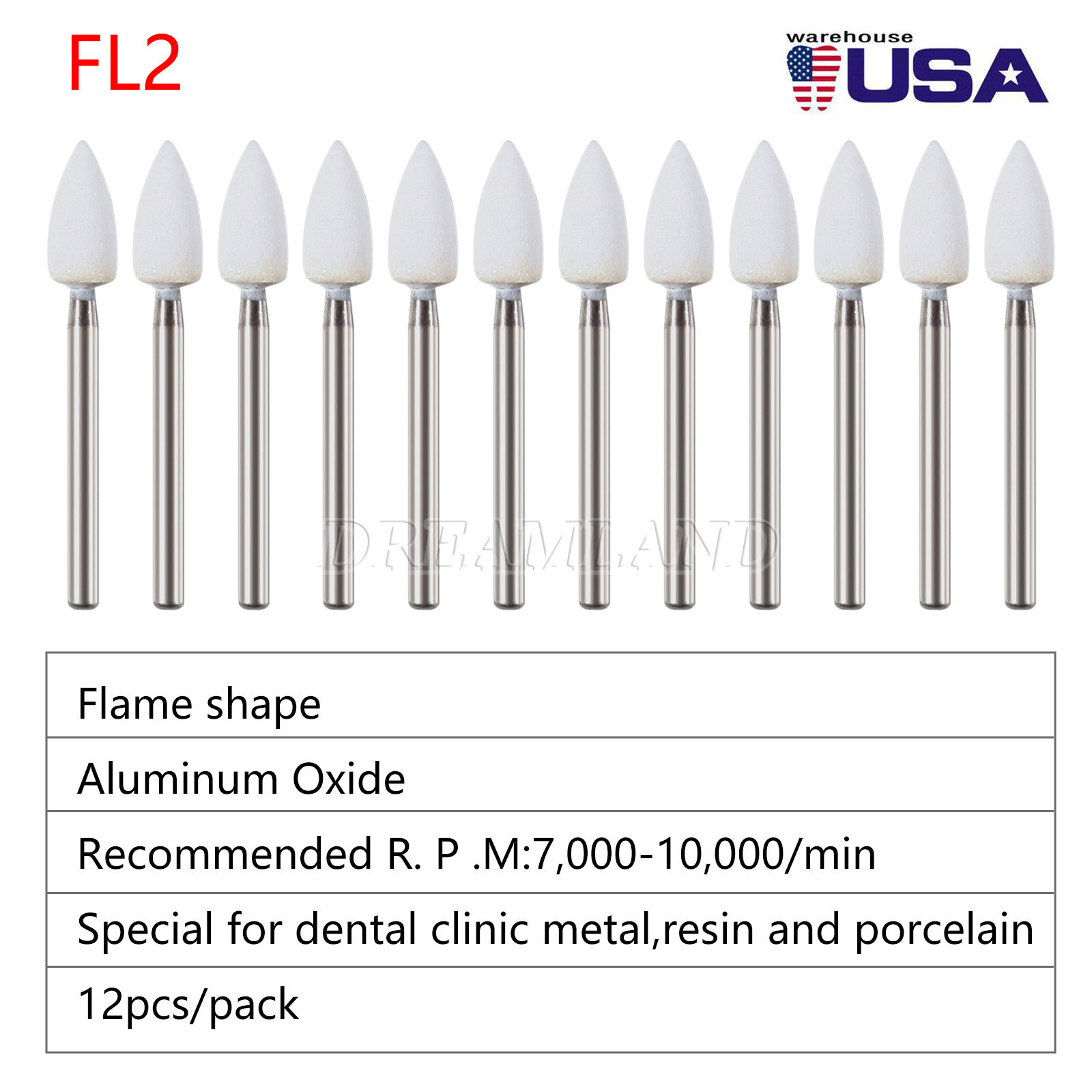 Dental White Polishing Stones – Flame FL2 FG – Arkansas Stone – Meta – 12 pieces