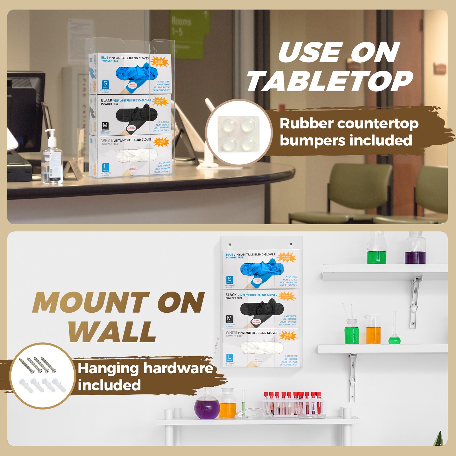 Triple Glove Box Holder Dispenser – Wall Mount or Countertop Load Open Top Clear
