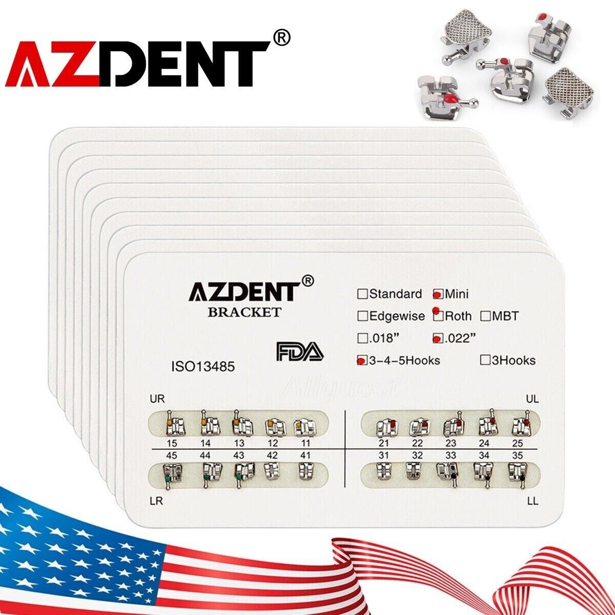 10 Packs AZDENT Dental Orthodontic Brackets Braces Metal Mini Roth.022 Hooks 345