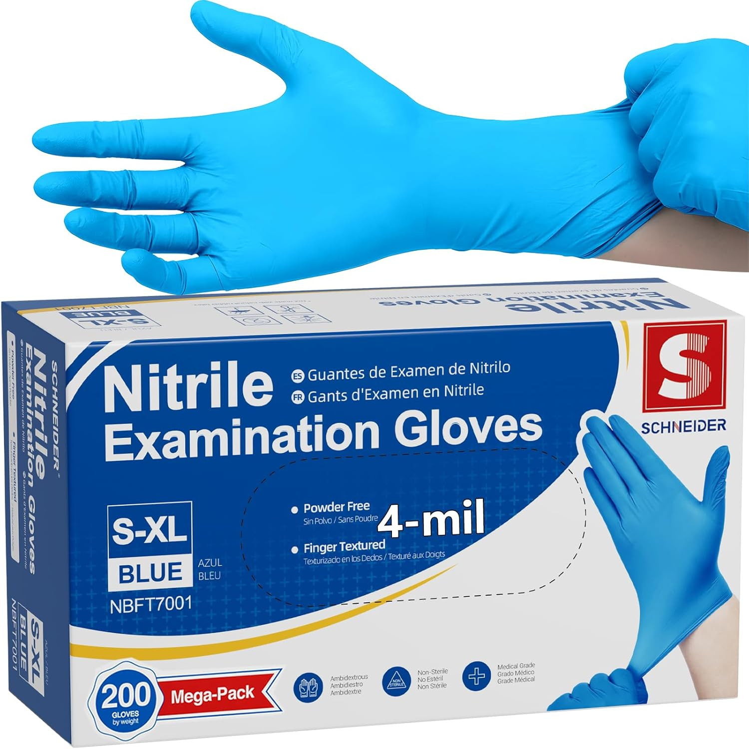 Nitrile Exam Gloves, Blue, 4 Mil, Powder-Free, Latex-Free, for Medical Exam, Cle