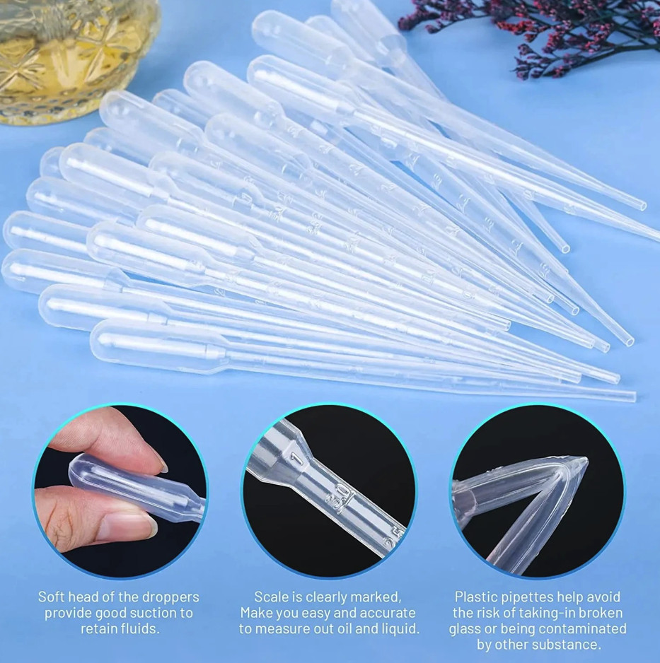 100pcs Disposable Plastic Pipettes: 1/2/3/5ml Graduated Transfer Droppers – NEW