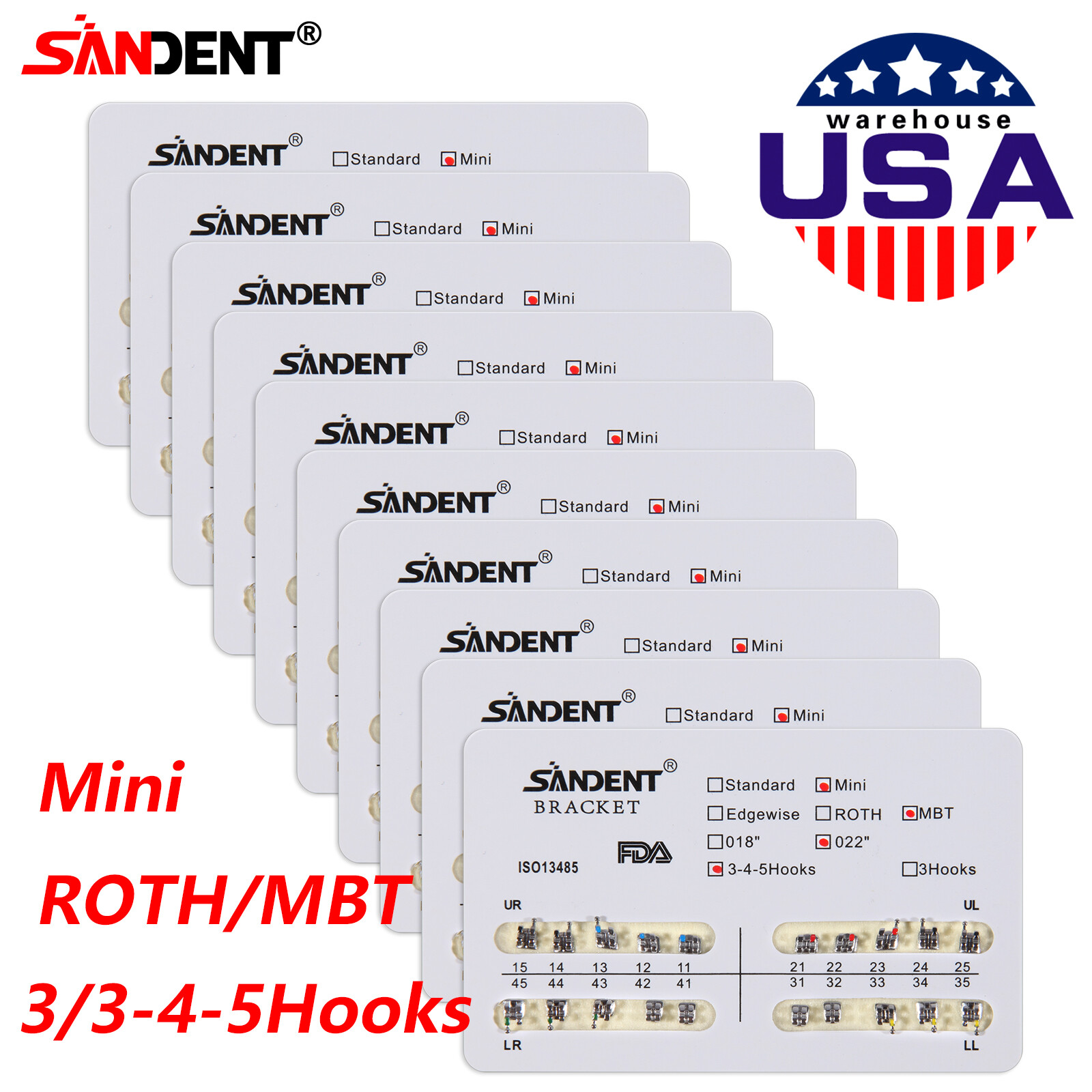 10 Pack Dental Orthodontic Metal Bracket Braces Mini Roth/MBT 022 Slot 3/345Hook
