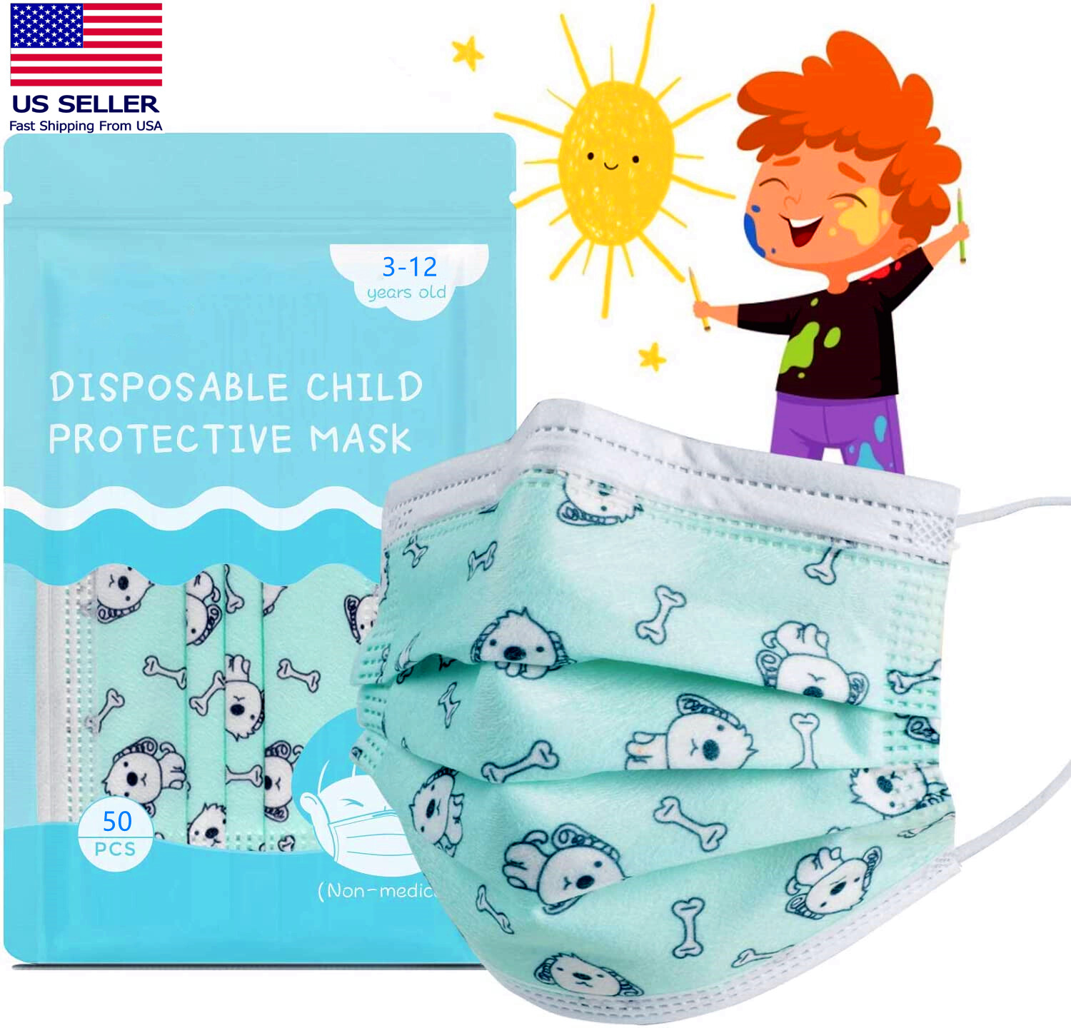 50 Pack Disposable Face Masks for Kids Toddler Teenagers Boy Girl Cartoon Mask