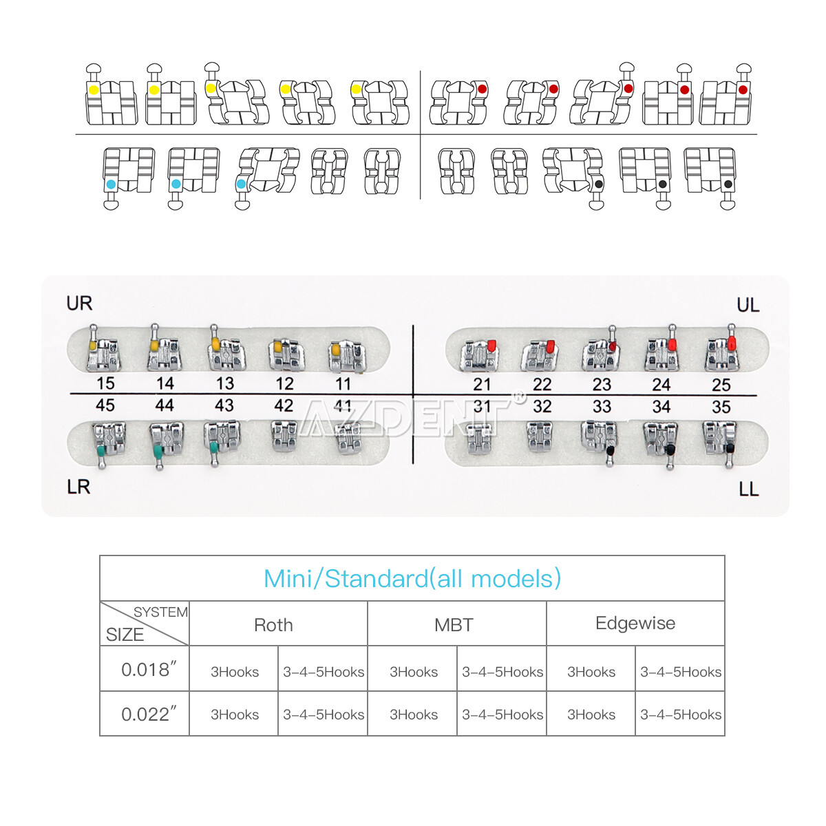 AZDENT Dental Orthodontic Bracket Braces Mini MBT 022 3-4-5 Hooks 20Pcs/Pack