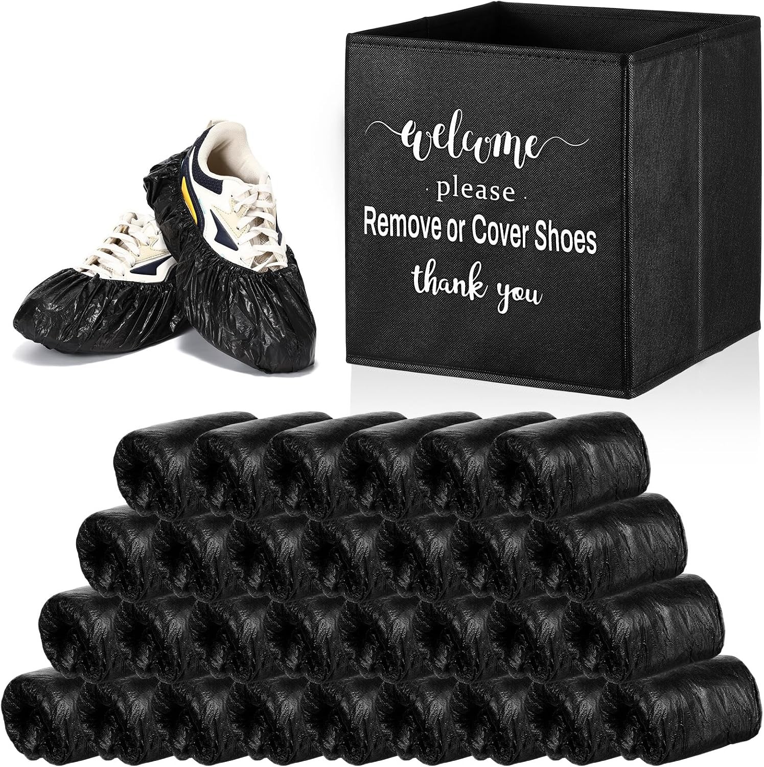 300 Pcs Black Disposable Waterproof Shoe Covers W/ 1 Pcs Indoor Foldable Storage