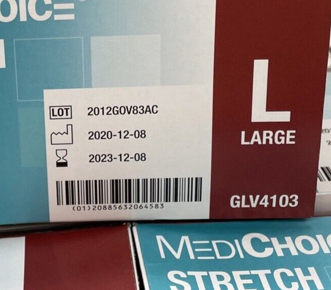 Dented Case Medi Choice Size: LARGE Stretch Vinyl EXAM GLOVES See Dates