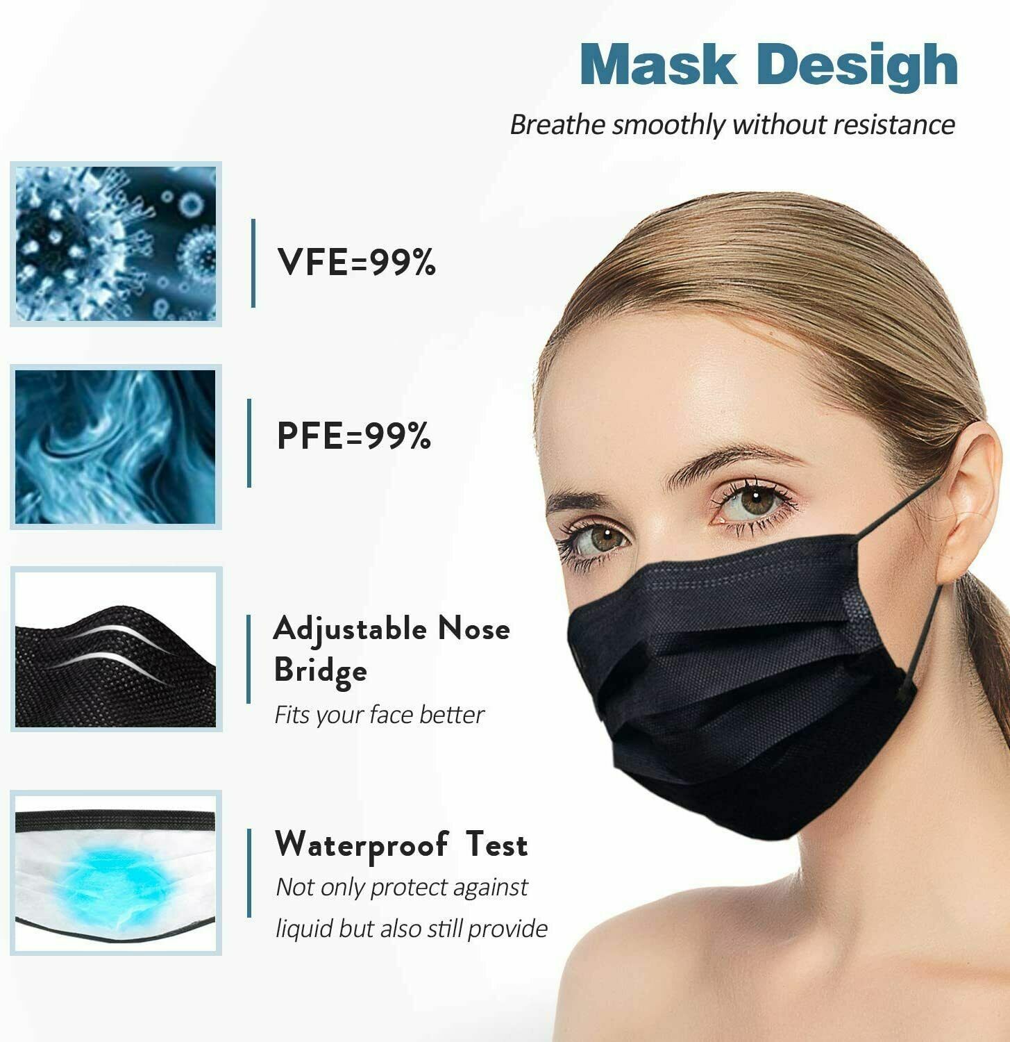 100 / 50 PCS Black & White Face Mask Disposable Non Medical Earloop Mouth Cover