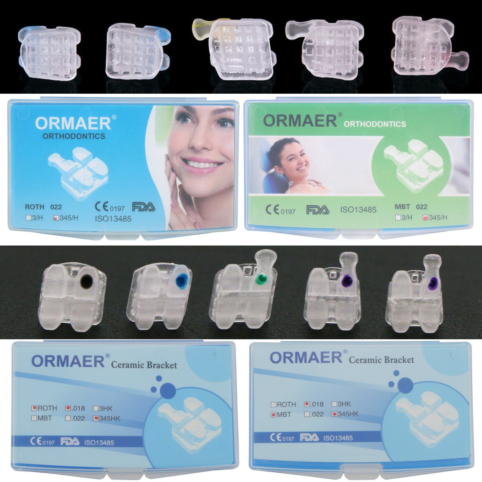 3M Style Dental Orthodontic Ceramic Bracket Braces Roth MBT .022 .018 Hooks 345