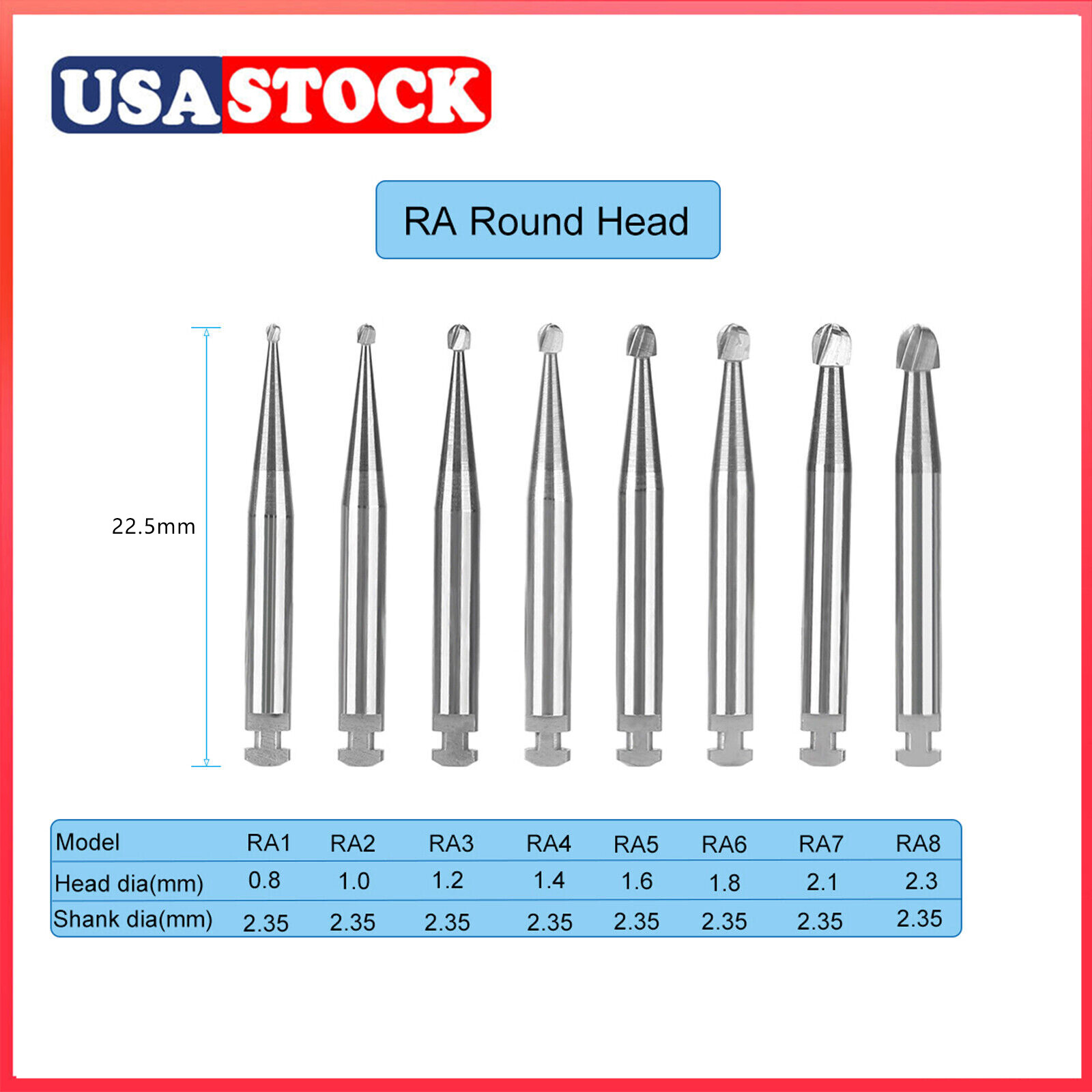 5 Pcs/Pack Dental RA Round Carbide Bur For Slow Speed Latch Type RA 1#-8# Choose