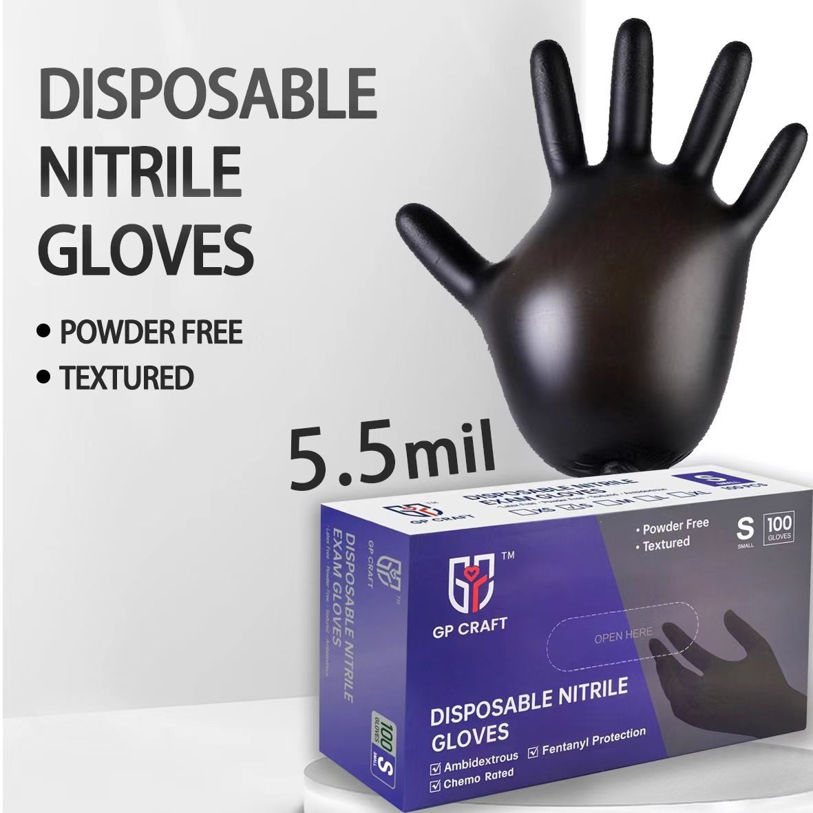 5.5Mil Black Disposable Nitrile Gloves 100Pcs Powder Free Latex Free Textured
