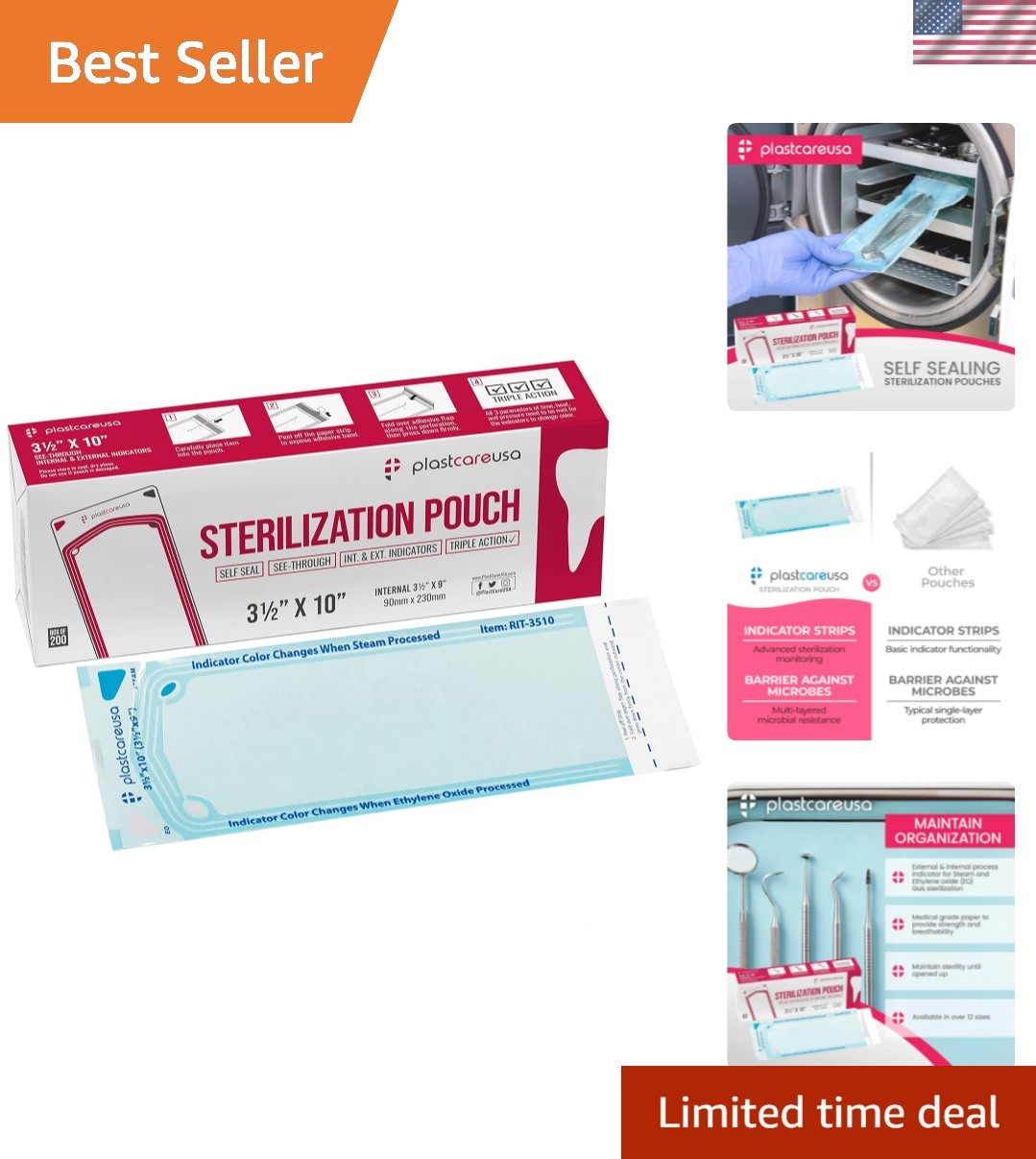 Self Sealing Sterilization Pouches 3.5″ x 10″ – Latex-Free, Color Changing In…
