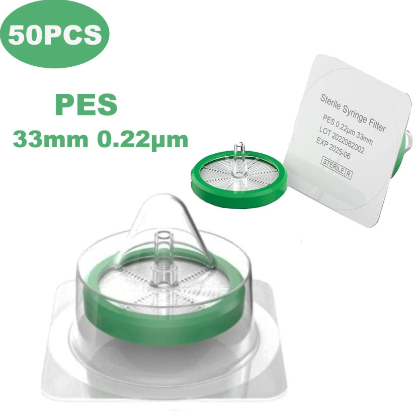 50 Pack Sterile Syringe Filter 33mm 0.22 Micron PES Membrane Hydrophilic Filter