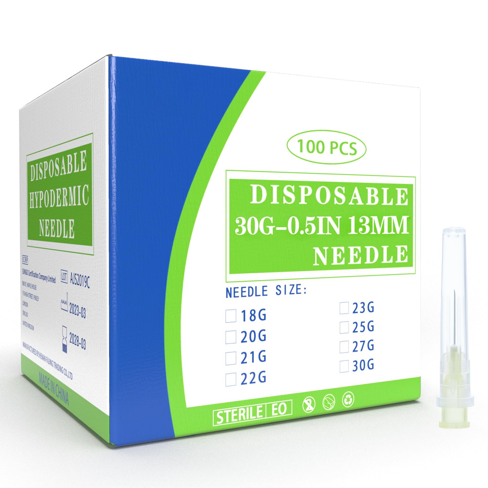 100 Pack 30 Ga 1/2 inch Disposable Needles with Caps for Scientific and Indus…