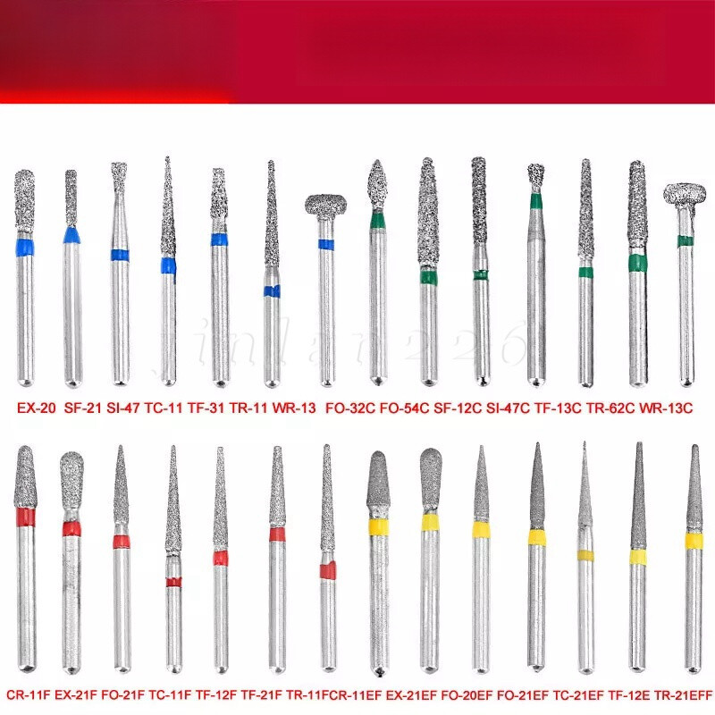50pcs Dental Diamond Burs FG Round End Taper Pear Football Fine Coarse Grit