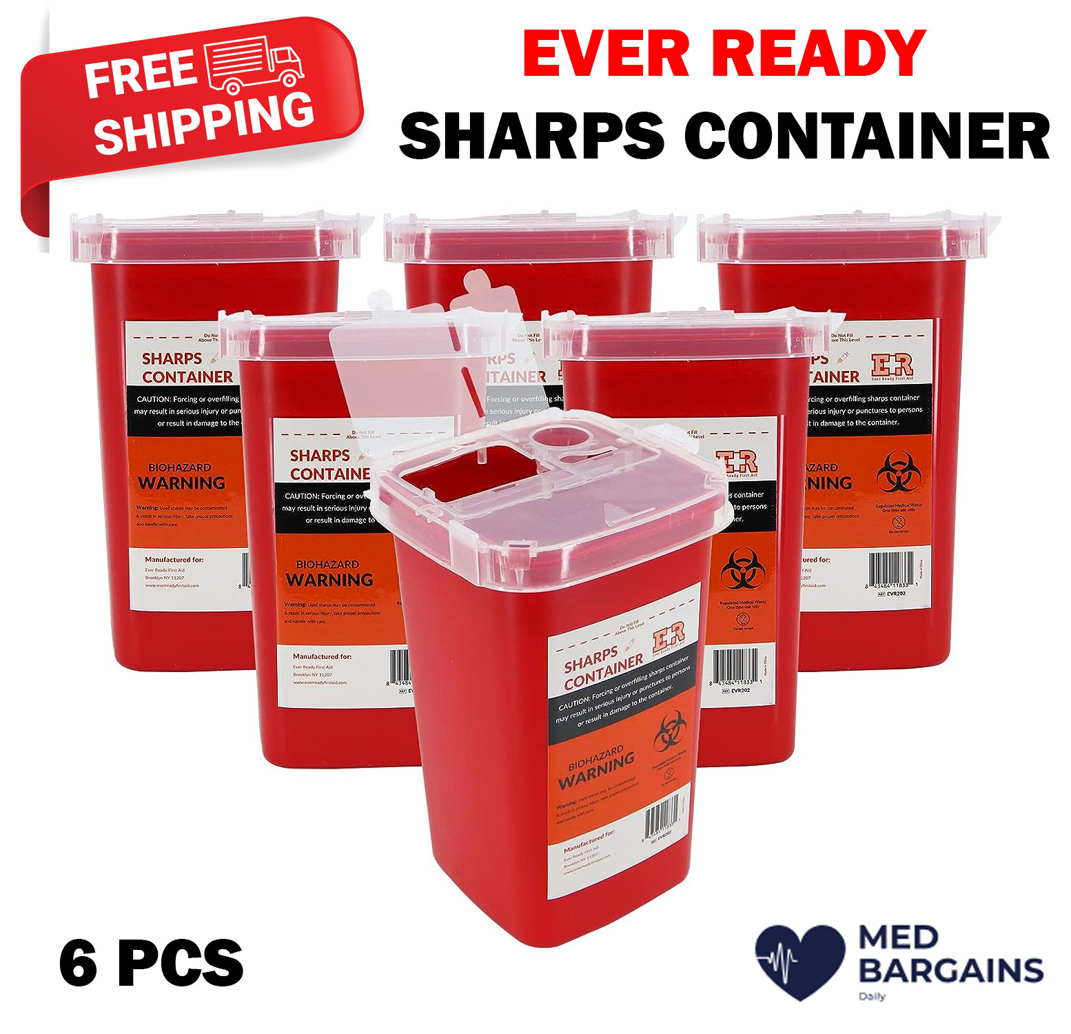 Ever Ready EVR202 Sharps Container Waste Disposal 1 Quarts / 32oz – RED 6PCS