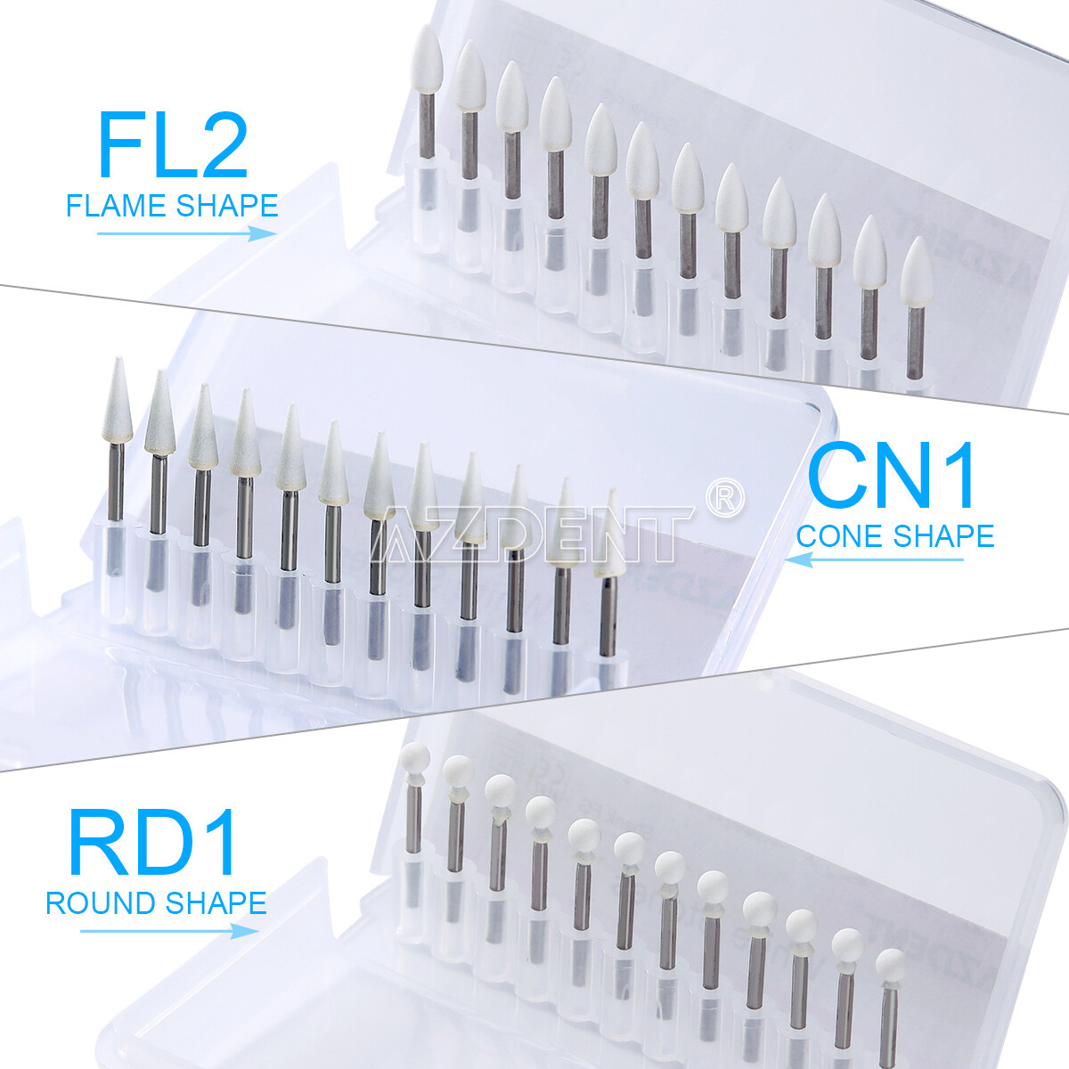 AZDENT Dental Flame/Cone/Round White Stone Polishing FG Burs Aluminum Oxide Bur
