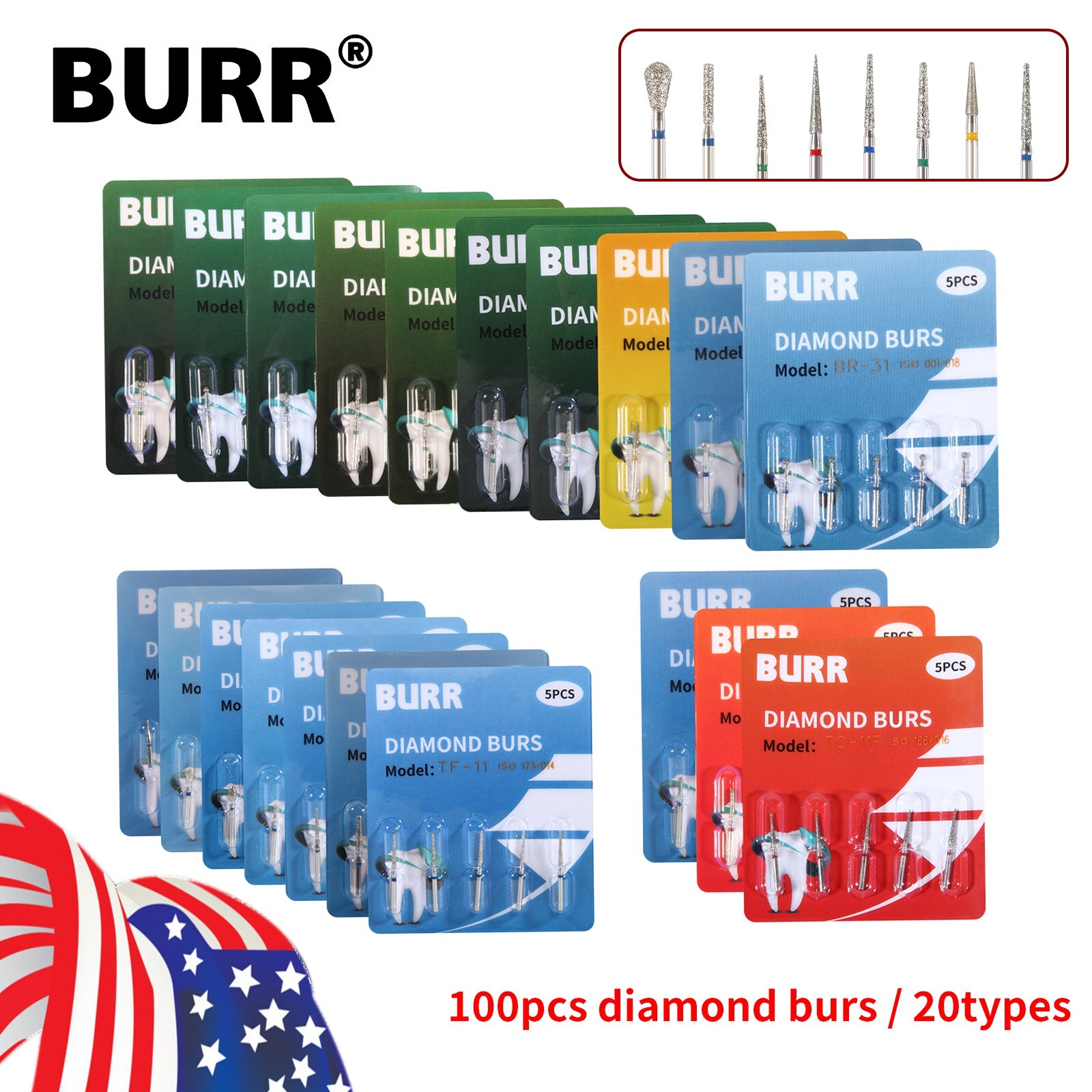 100Pcs Dental Diamond Burs High Speed Handpiece Friction Grip 20 Types