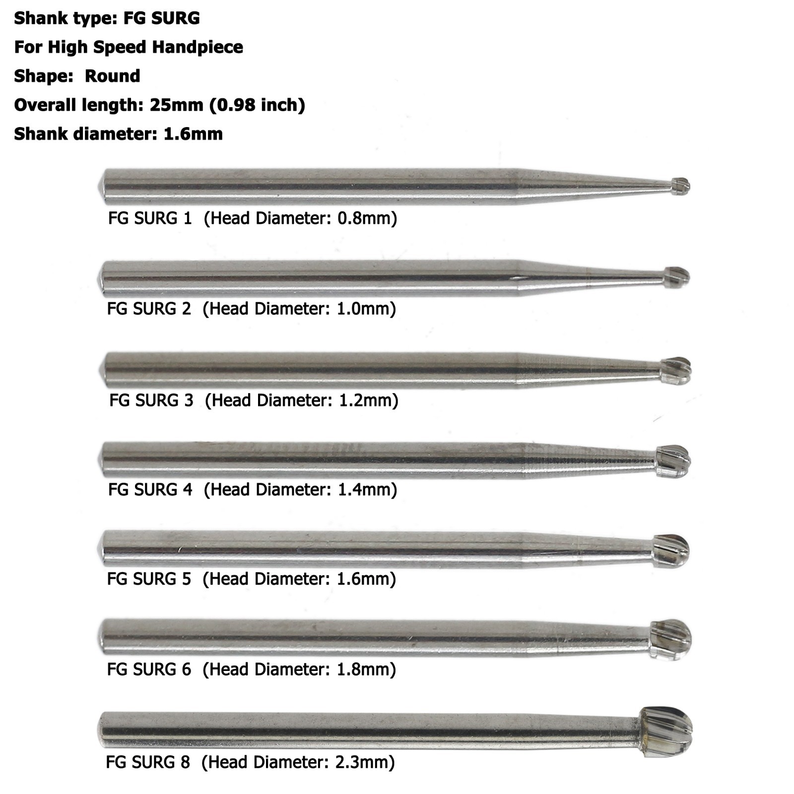 WAVE Dental Round Surgical Burs Carbide Bur High Speed Long FG / FG SURG 2 4 6 8