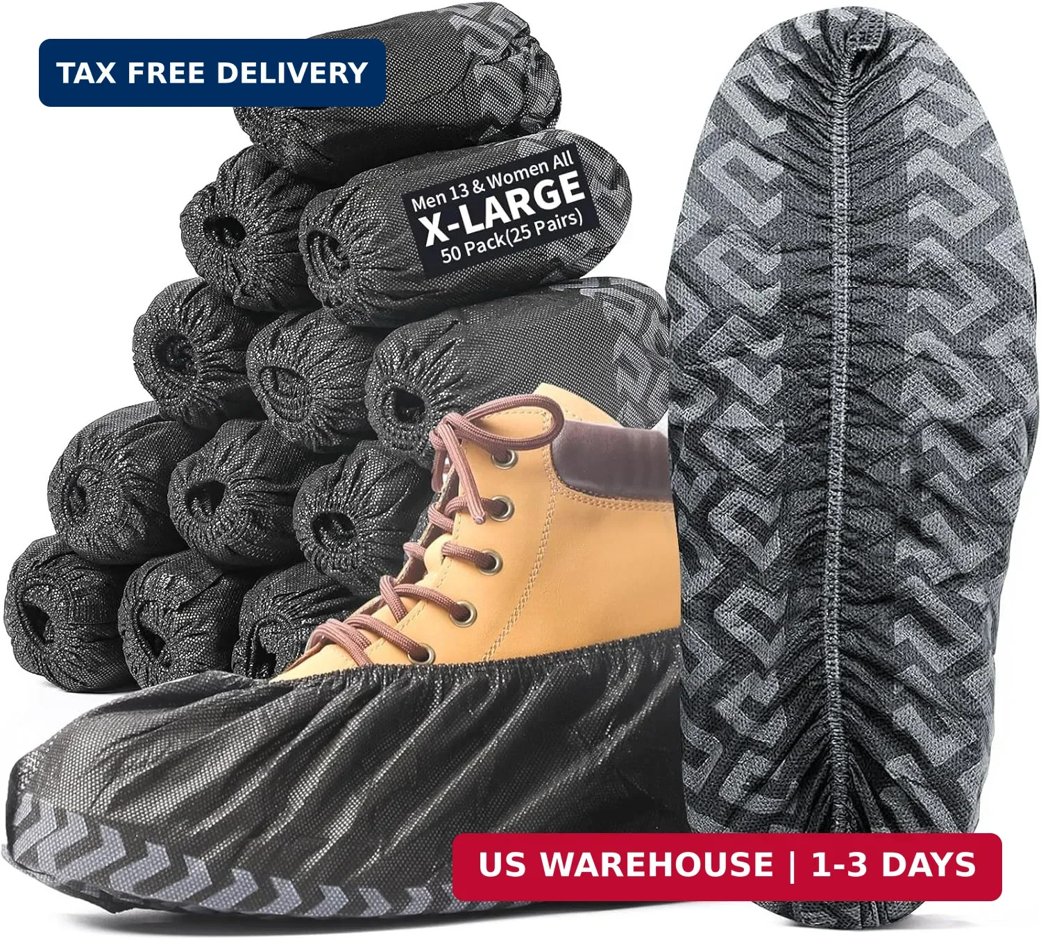X-Large 50 Pack Black Shoe Covers Disposable Non-Slip Fits Up to Men’s 13 US