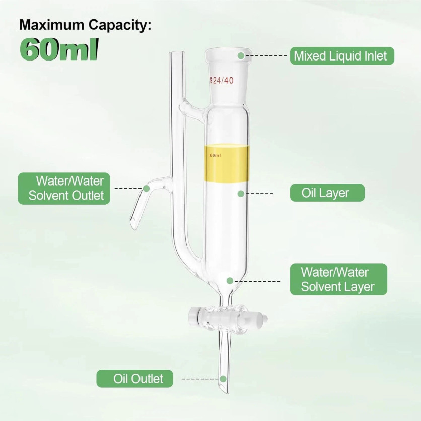 60ml Water Oil Receiver Separator w/ 24/40 Joint , Stand Glass Lab Distillation
