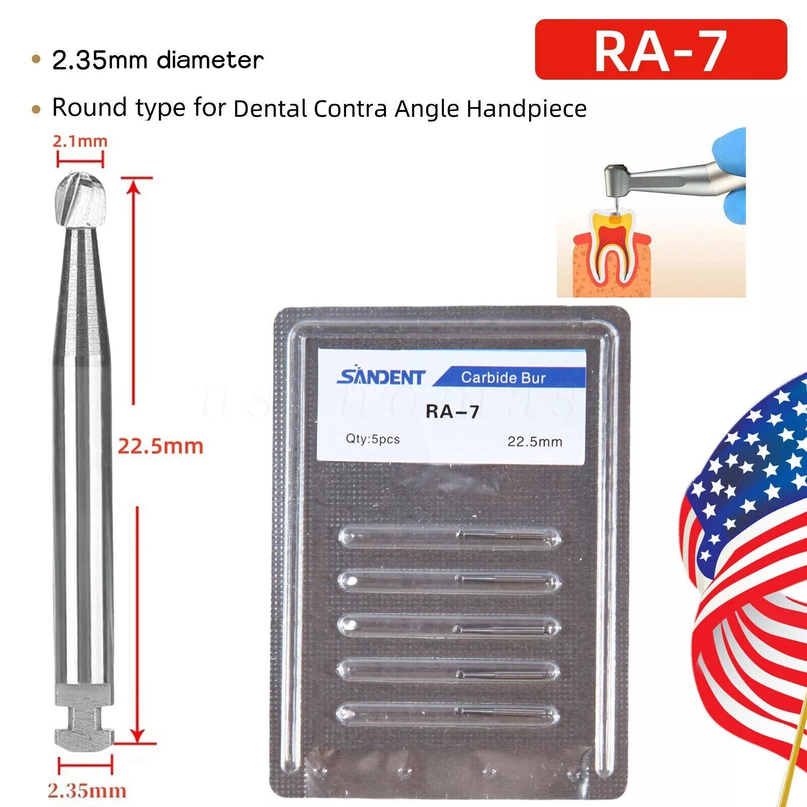 5 Pcs/Pack Dental 22.5mm Round Carbide Bur Slow Speed Latch Type RA7 Burs USA
