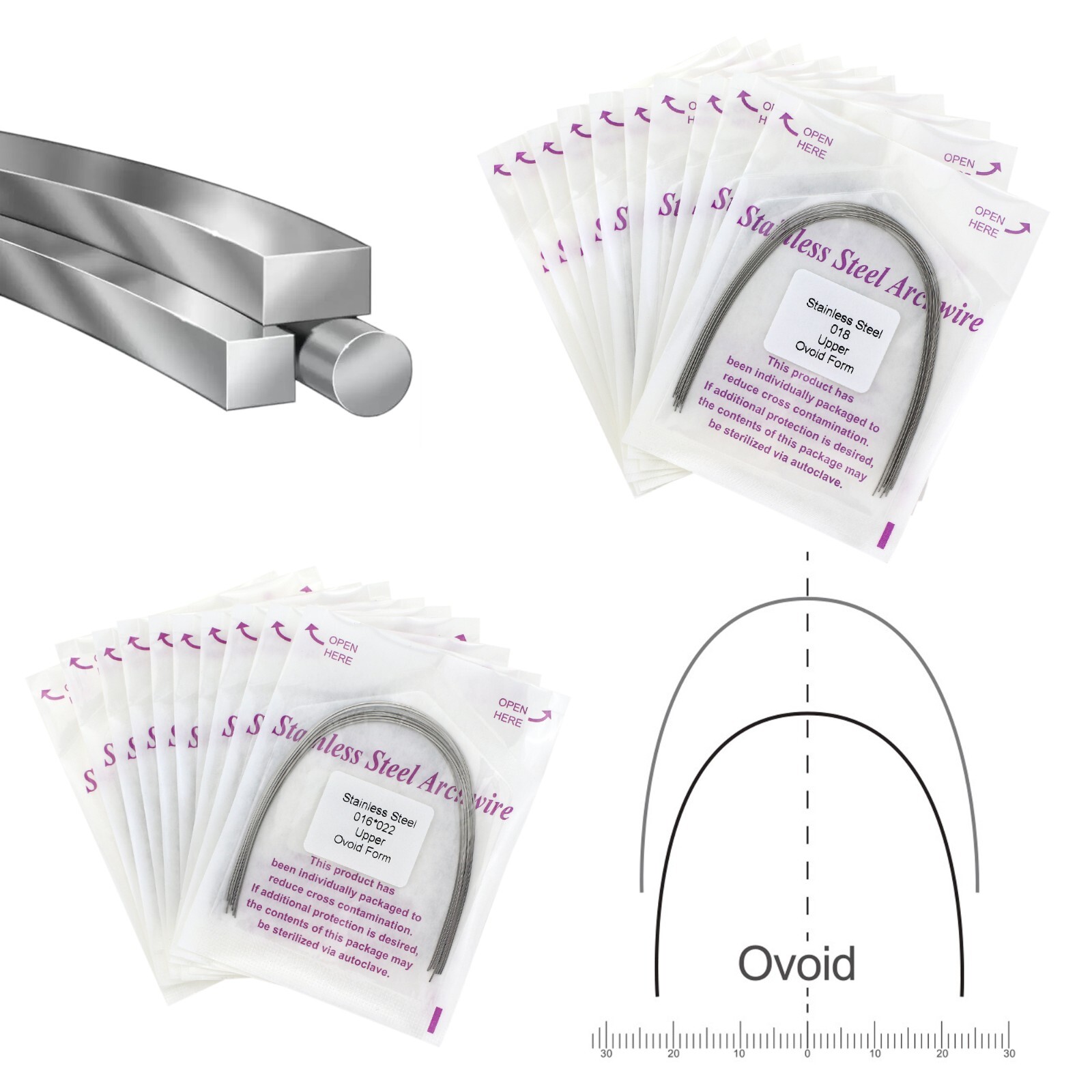 100PCS Orthodontic Stainless Steel Arch Wire Ovoid Form Round Rectangular Squre
