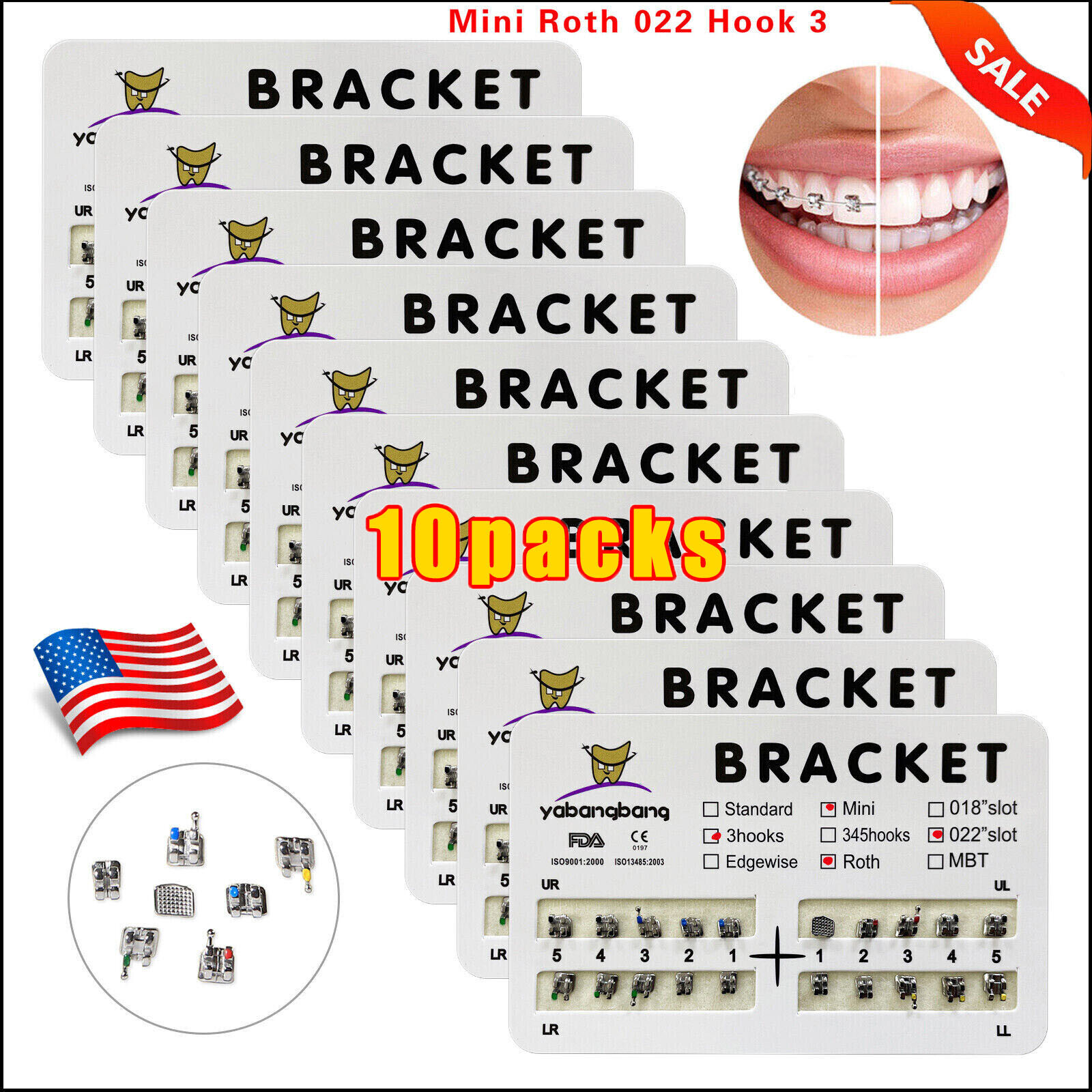 10 Packs Dental Orthodontic Brackets Braces Mini Roth 022 Slot 3 hooks #3 USA OR