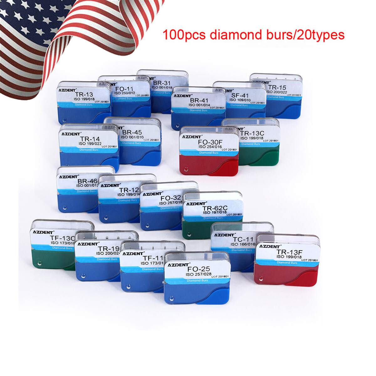 20Types Dental Diamond Burs Medium FG 1.6MM F High Speed Handpiece 100Pcs AZDENT