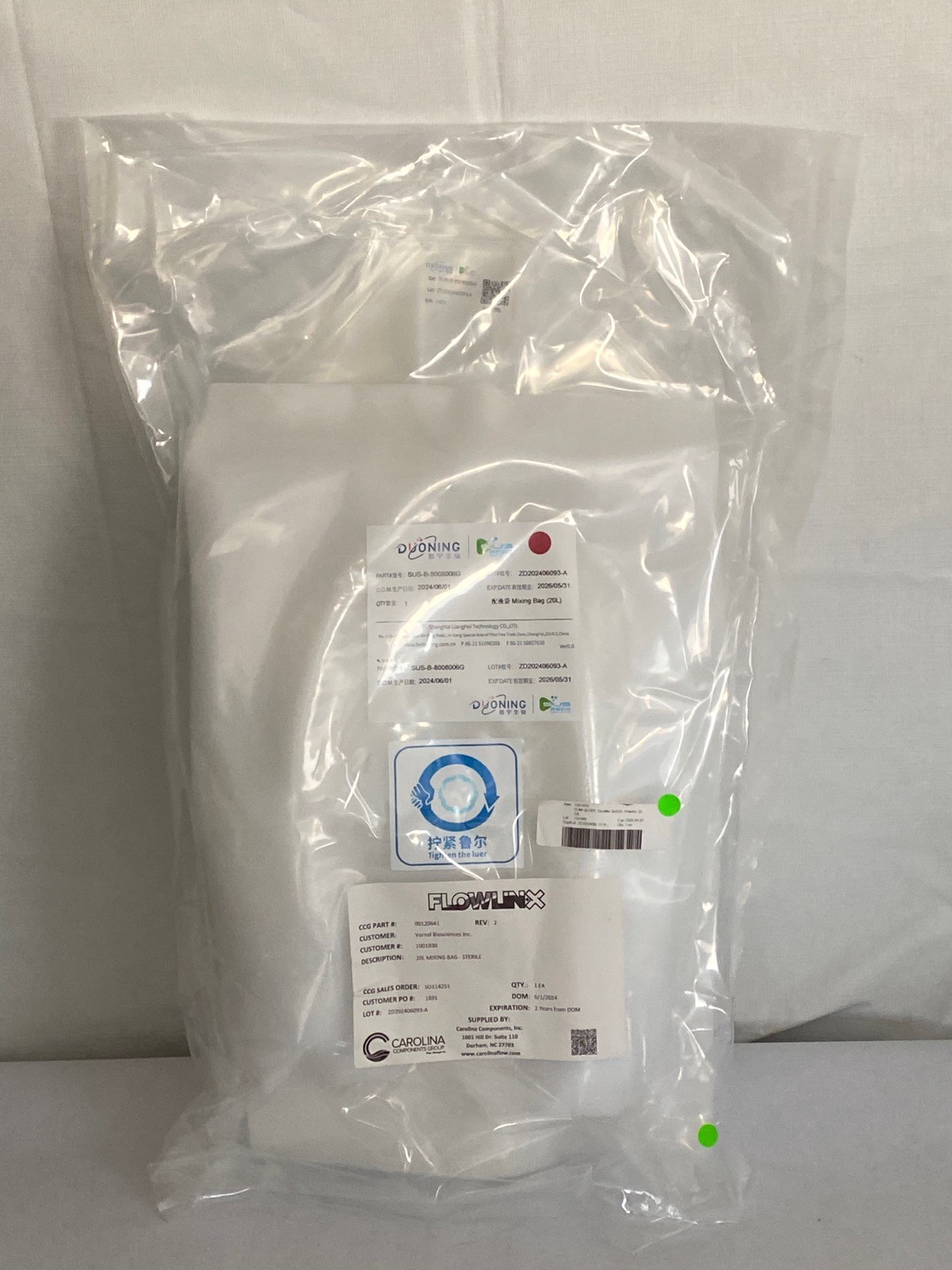 CAROLINA Bioprocess 20L DuoMix Mixing Bag w/AseptiQuik Single Use SUS-B-8008006G