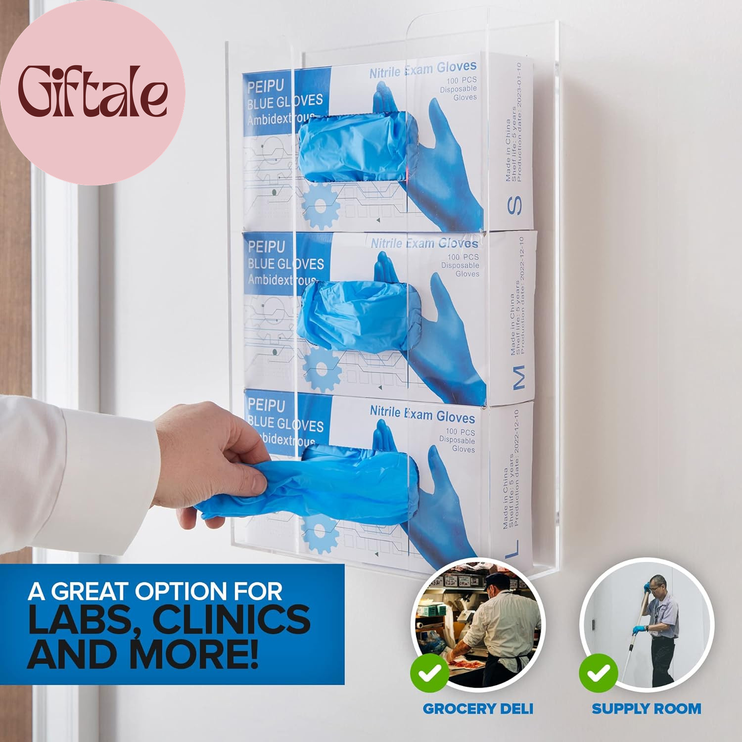 Triple Acrylic Gloves Dispenser, Tissue Box Shelf, Glove Holder Wall Mount, for