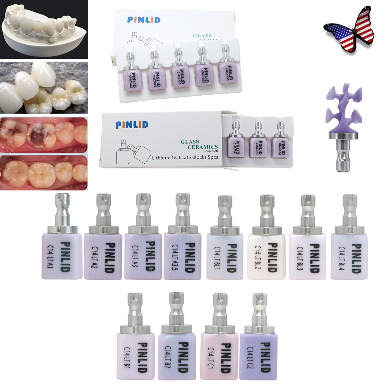 US C14 Lithium Disilicate Dental Emax Glass Ceramic CAD/CAM Blocks HT LT 5/Box