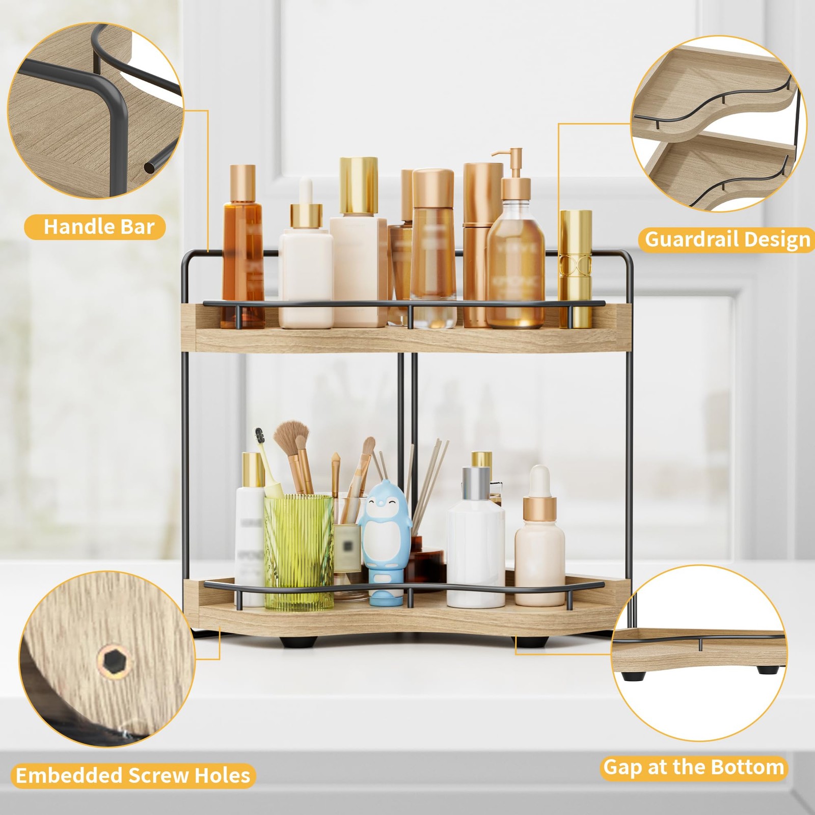 2-Tier Corner Bathroom Counter Organizer with Embedded Screw Holes, Secure & Sta