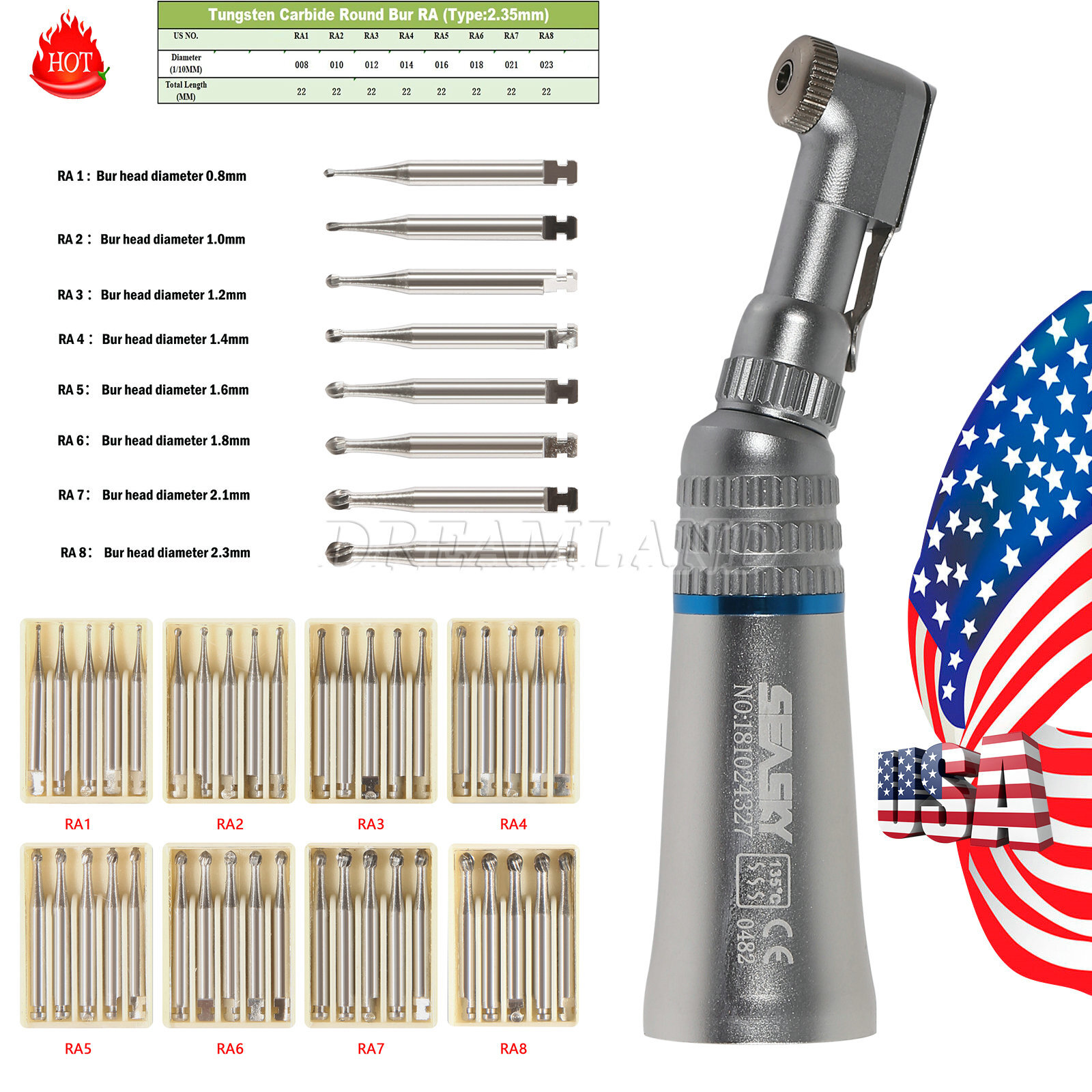 Dental Low Speed Contra Angle Latch Handpiece / RA1-RA8 Round Carbide Burs MX