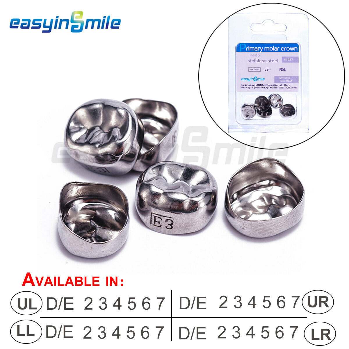 5pcs Dental Kid Crown Stainless Steel Primary Crown D Premolar/E Molar DLR5 DLR4