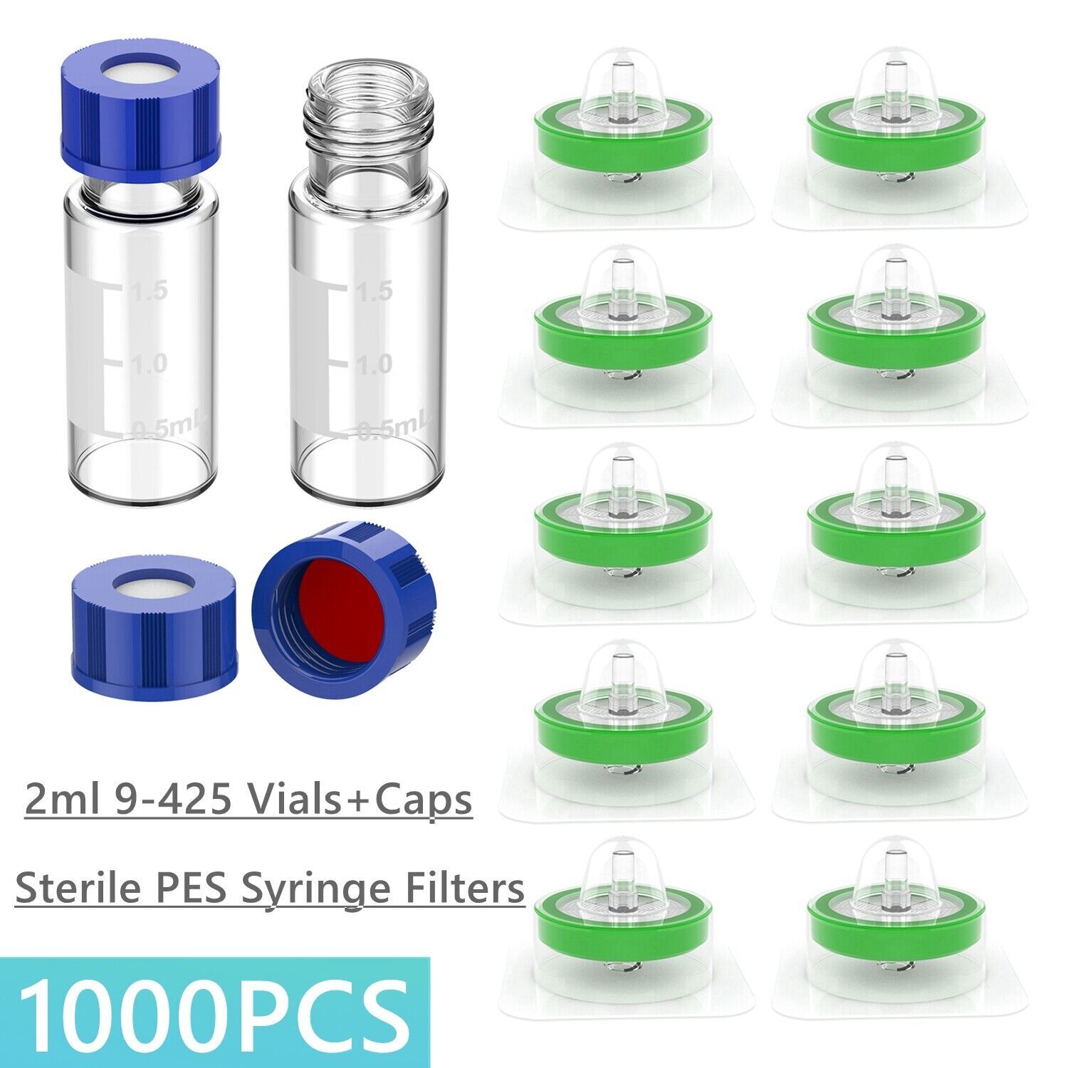 1000x 2mL HPLC Vials 9mm Screw Caps +Sterile PES 0.22μm 33mm Syringe Filters LAB